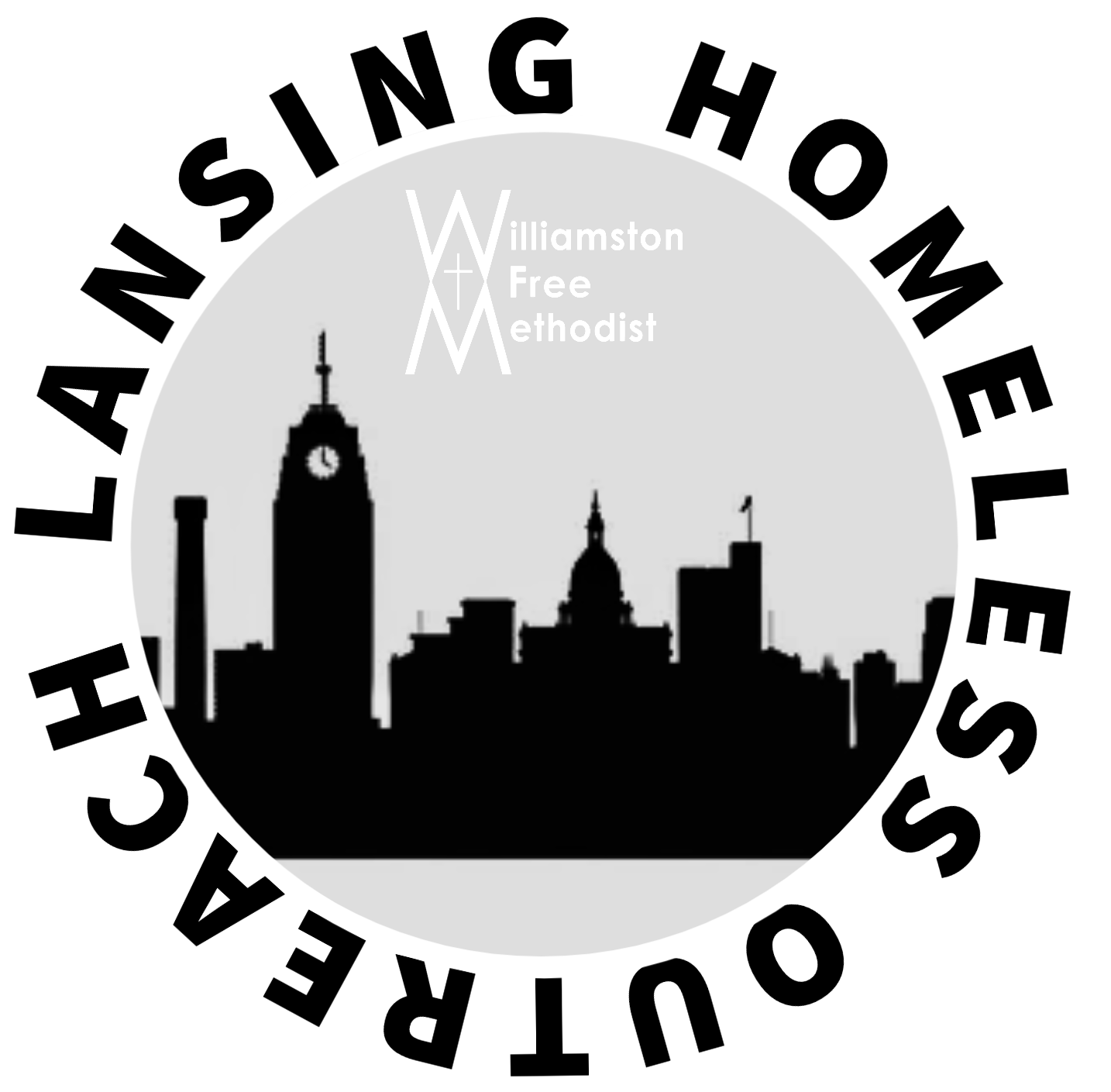 Jamesing Home Ministries logo featuring a black skyline silhouette of the city of Williamston with a clock tower, a capitol building, and a flag, surrounded by the text "Williamston Free Methodist" and "Jamesing Home Ministries" in black on a circular white background.