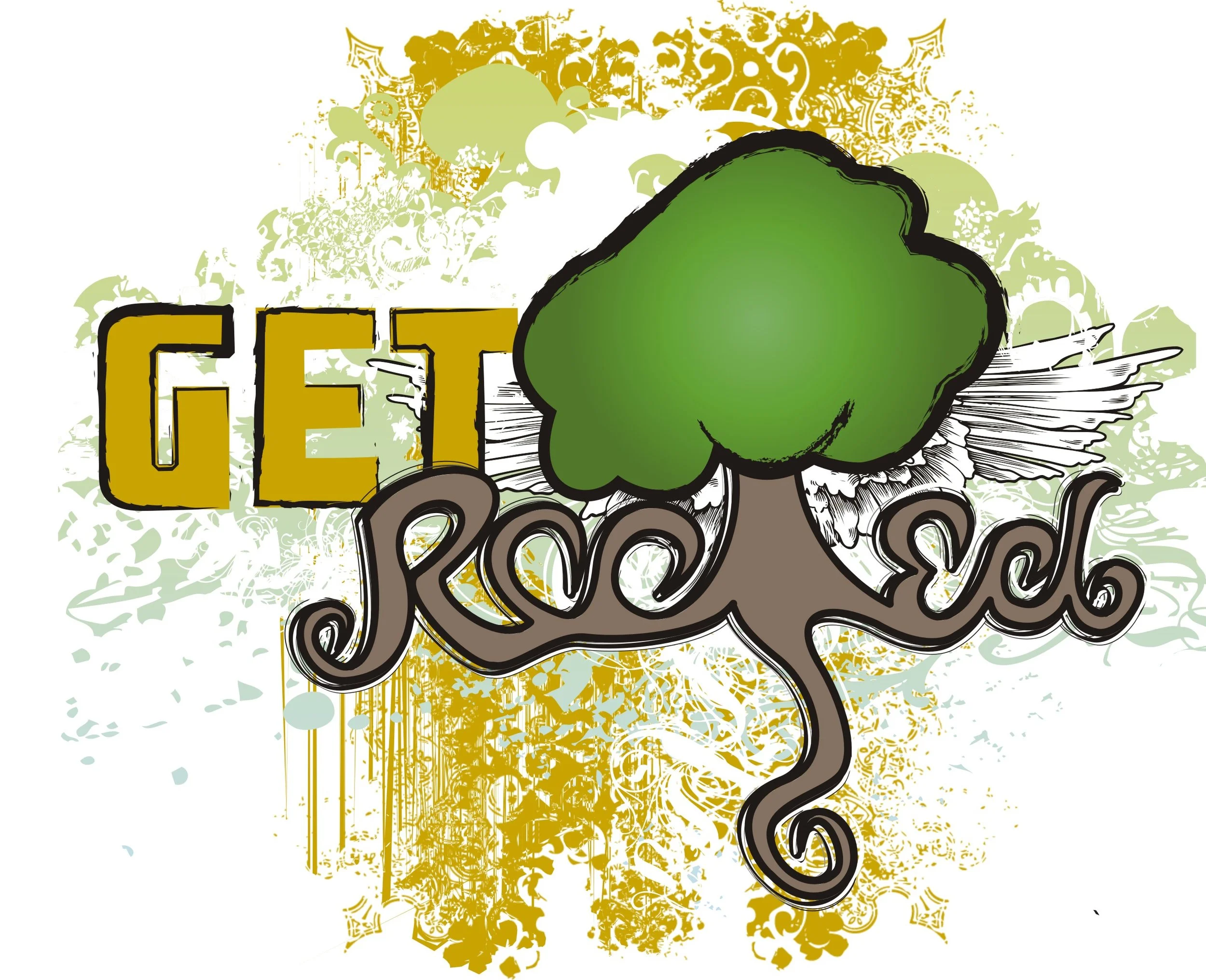 Colorful graphic with a green tree and the words "Get Rooted" in stylized fonts surrounded by abstract floral and splatter patterns.