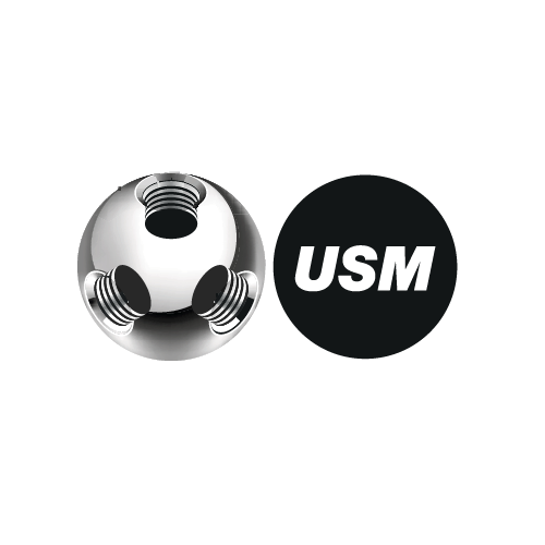Silver metal sphere with threaded holes next to a black circle with "USM" text.