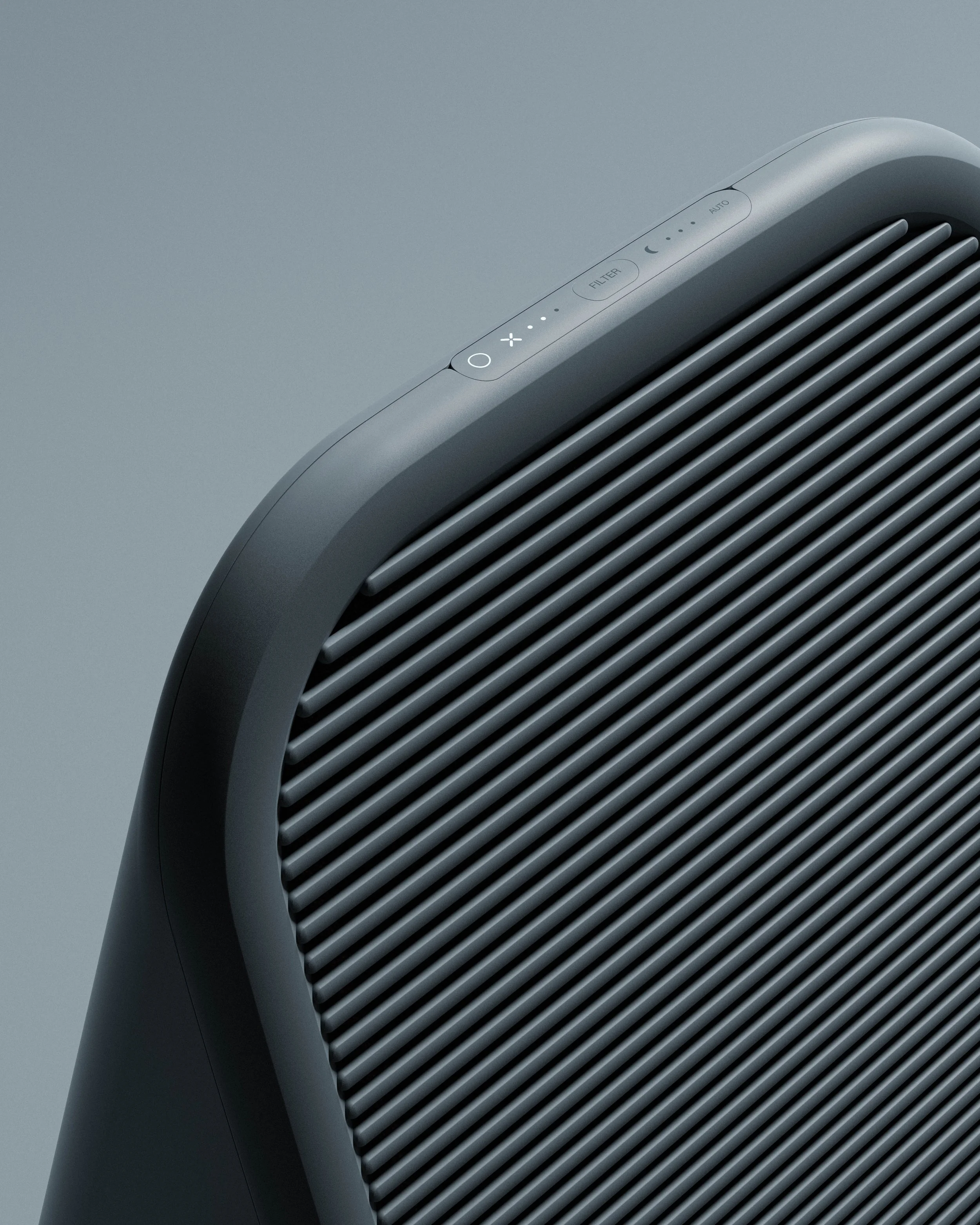 Front detail of modern air purifier with control panel, designed by London industrial design agency for contemporary living.
