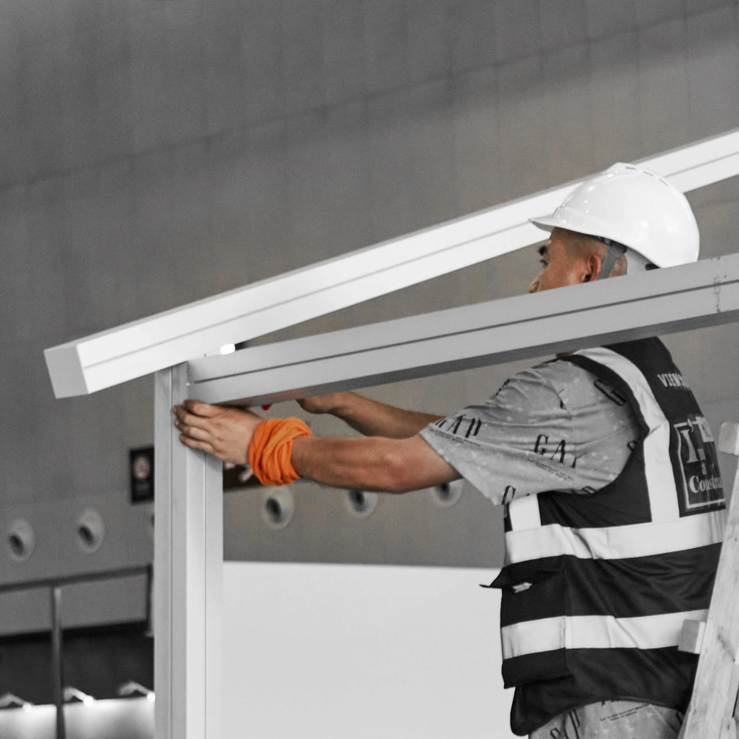 Construction worker building the Design Street exhibiton at Design Shanghai