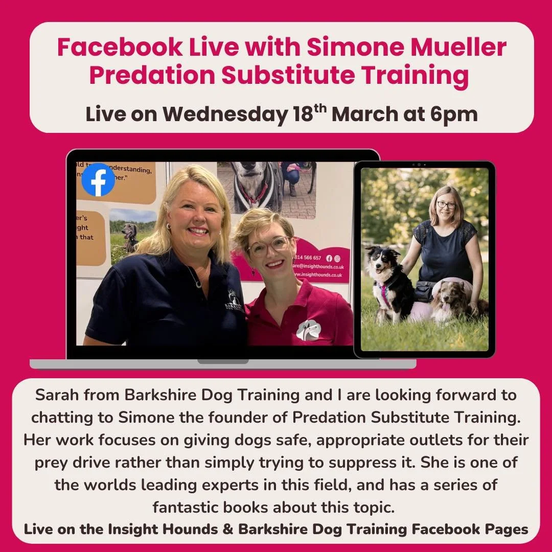 Facebook Live with @predation_substitute_training Simone Mueller.  I&rsquo;m really looking forward to this live.

Wednesday at 6pm Sarah from @barkshiredogtraining  and I will be chatting to Simone about Predation Substitute Training.

Many of you w