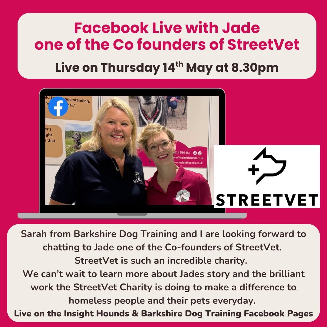 I&rsquo;m so excited to be chatting to Jade who&rsquo;s the Co founder of @streetvetuk_  on Thursday 14th May at 8.30pm. 

Sarah from @barkshiredogtraining and I are so looking forward to finding out more about Jades story and the truly incredible ch