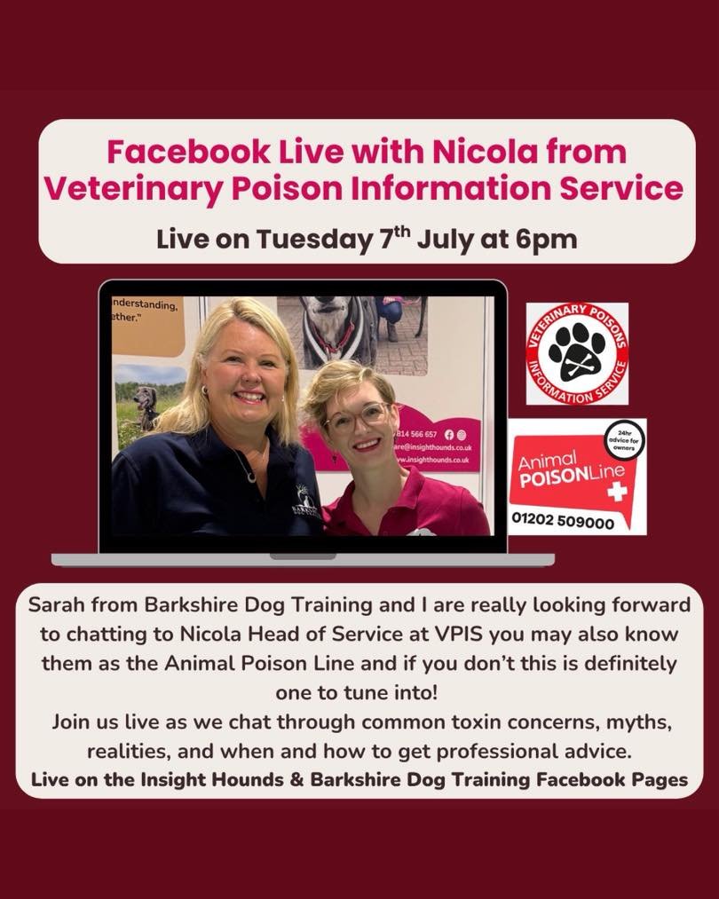 I&rsquo;m so excited that Nicola from the Veterinary Poisons Information Service and @animalpoisonline  will be joining Sarah from @barkshiredogtraining and myself for this live.

Animal PoisonLine is such an amazing service. If you already know abou
