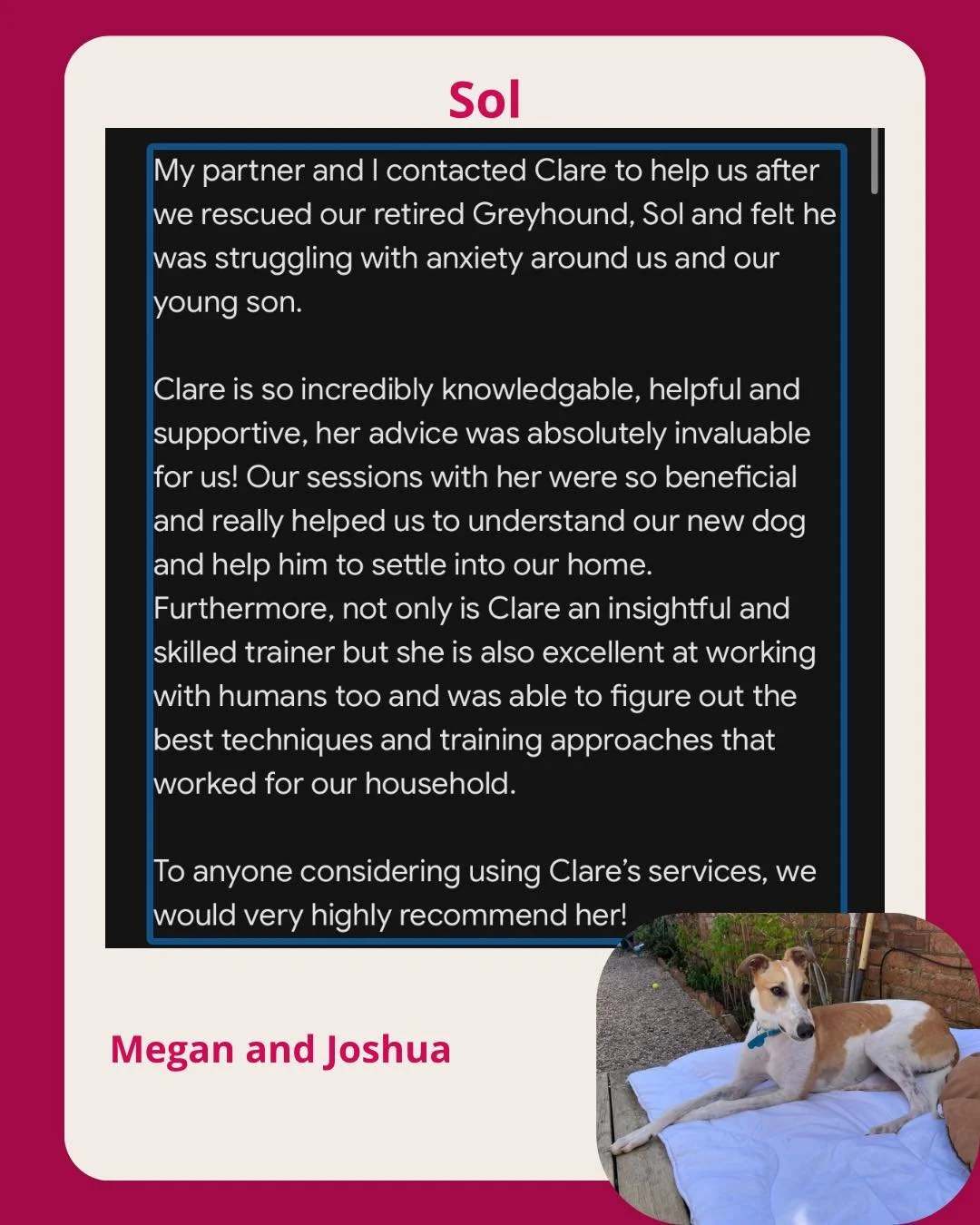 Thank you to Megan and Joshua for this lovely review you were both an absolute pleasure to work with! 

Sol is lucky to have found such a wonderful home.