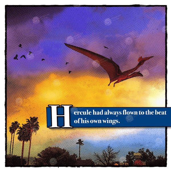 iPad artwork for sale. Cartoon format of a Pterodactyl flying away from other birds in a sunset sky.