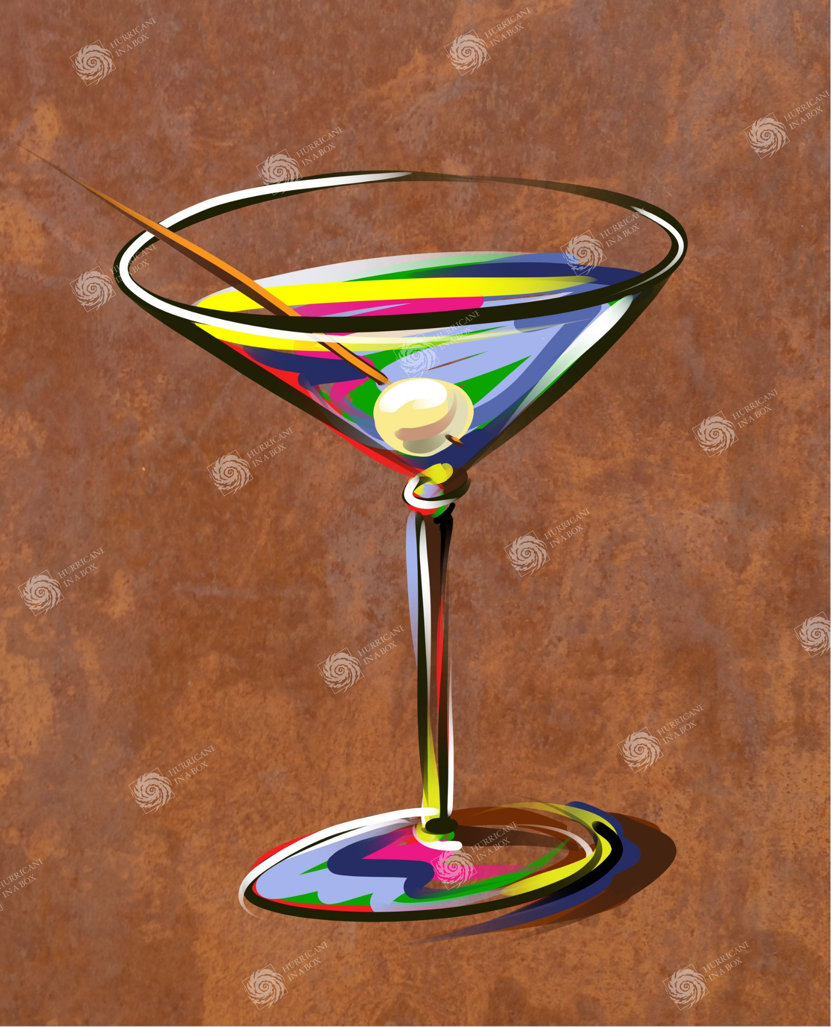 iPad artwork of a multicolored Gibson cocktail drink with pearl onion. Brown mottled background.