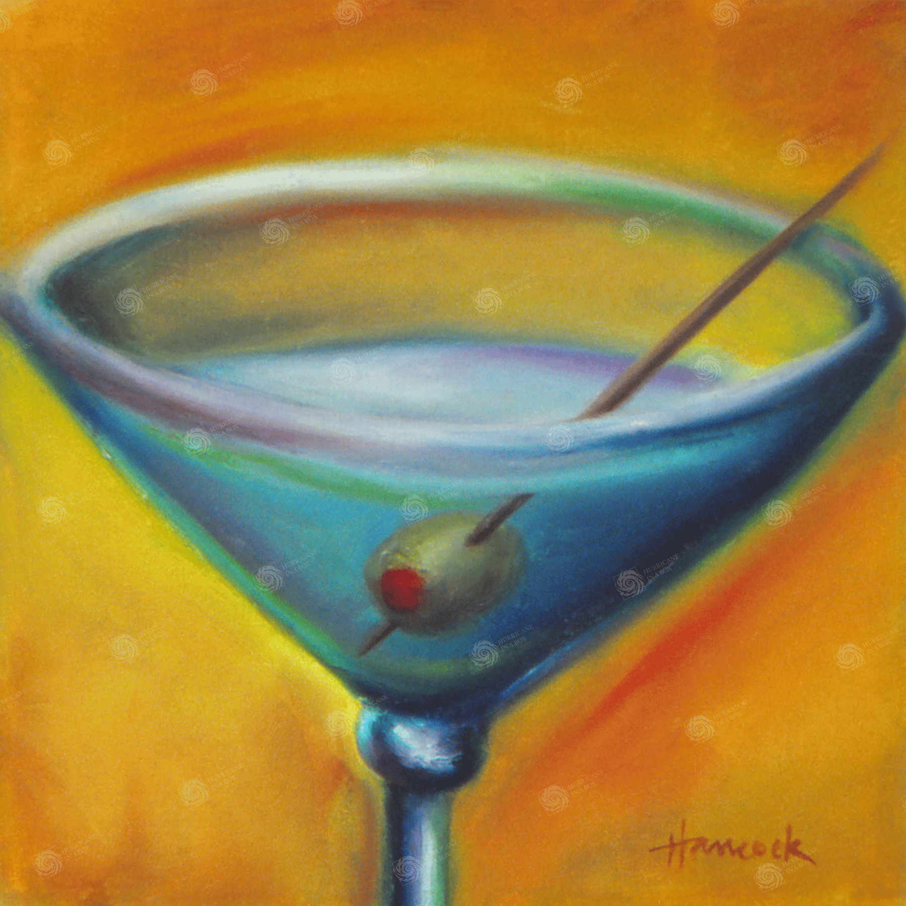 Artwork for sale of a blue tinged martini and olive drink with orange and yellow background.