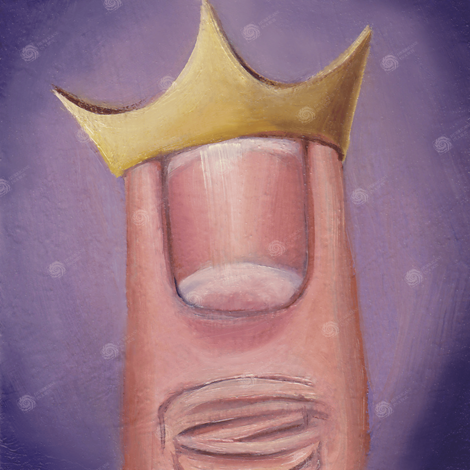 Whimsical artwork for sale of a human thumb wearing a gold crown. Thumbnail is face. Purple background.