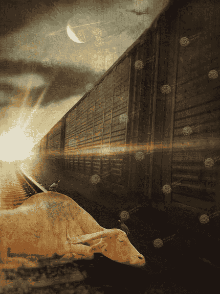 iPad artwork for sale of a white Sindhi cow sleeping next to freight train on tracks. Two birds atop. Surrealistic sky with fighter jet, ringed planet, clouds.