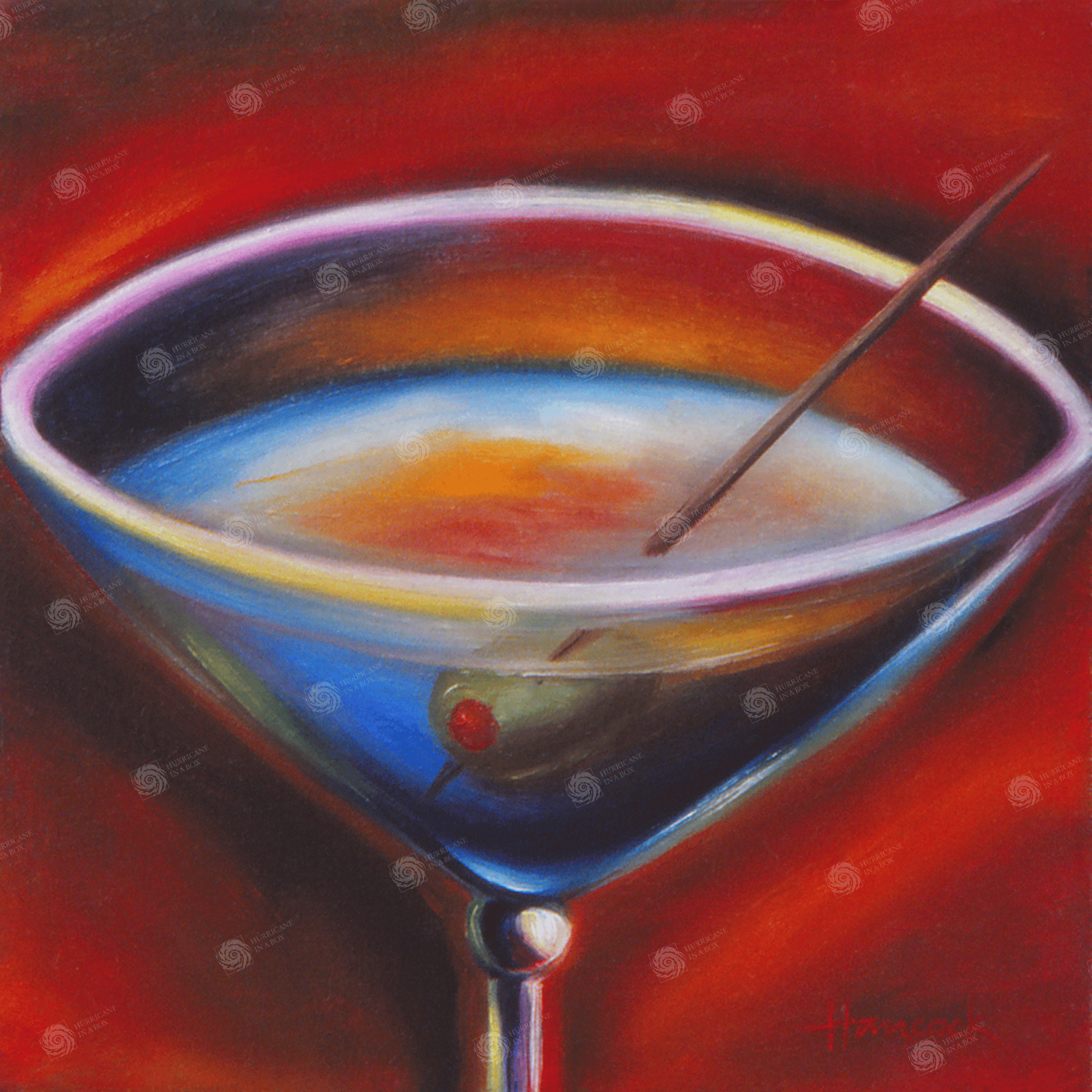 Artwork for sale of a martini and olive drink with bright red background.