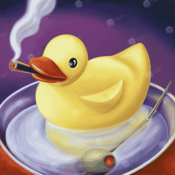 Digitally created artwork for sale of a yellow rubber duck swimming in a martini glass smoking a cigar. Purple and orang background