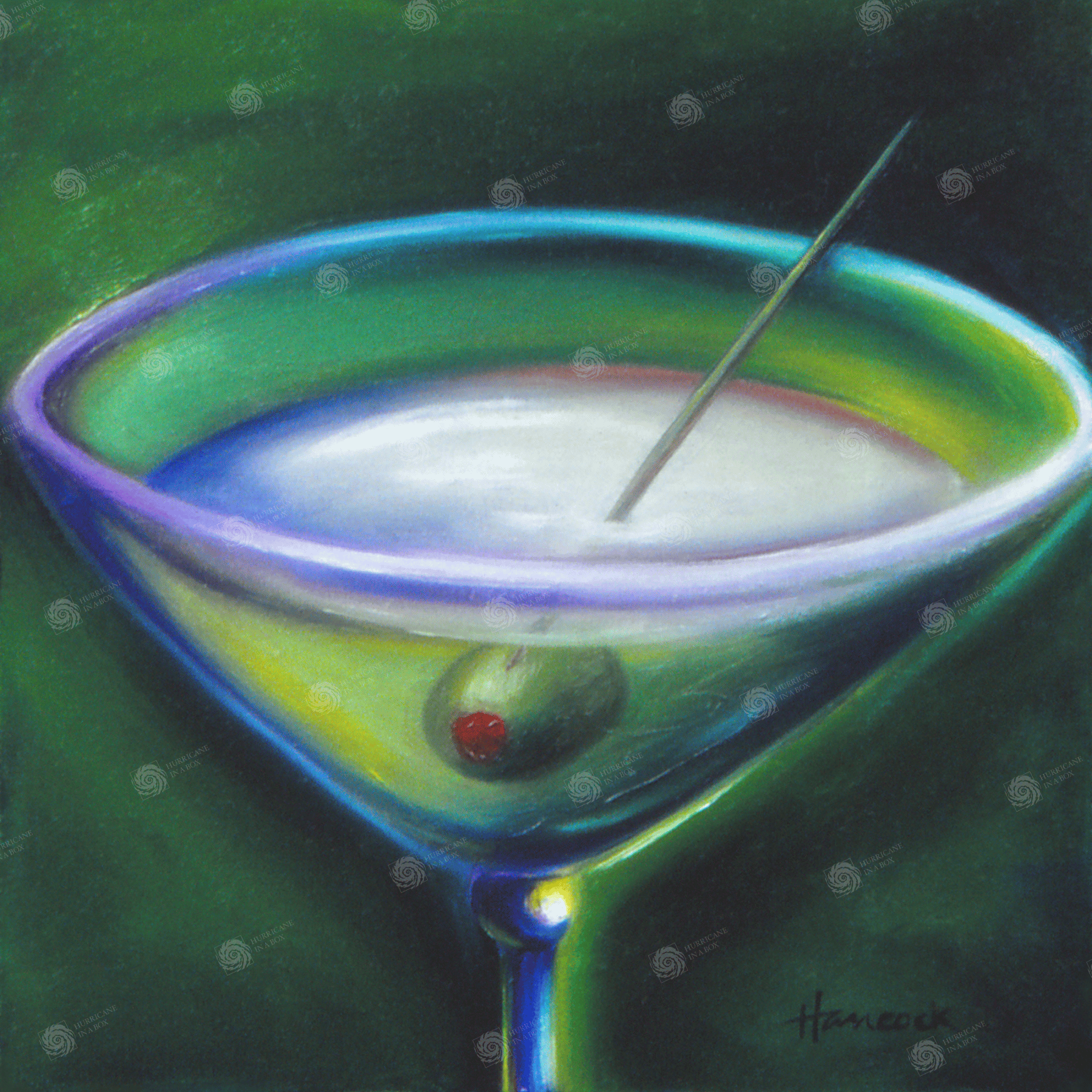 Artwork for sale of a blue and purple tinged martini and olive drink with dark green background.