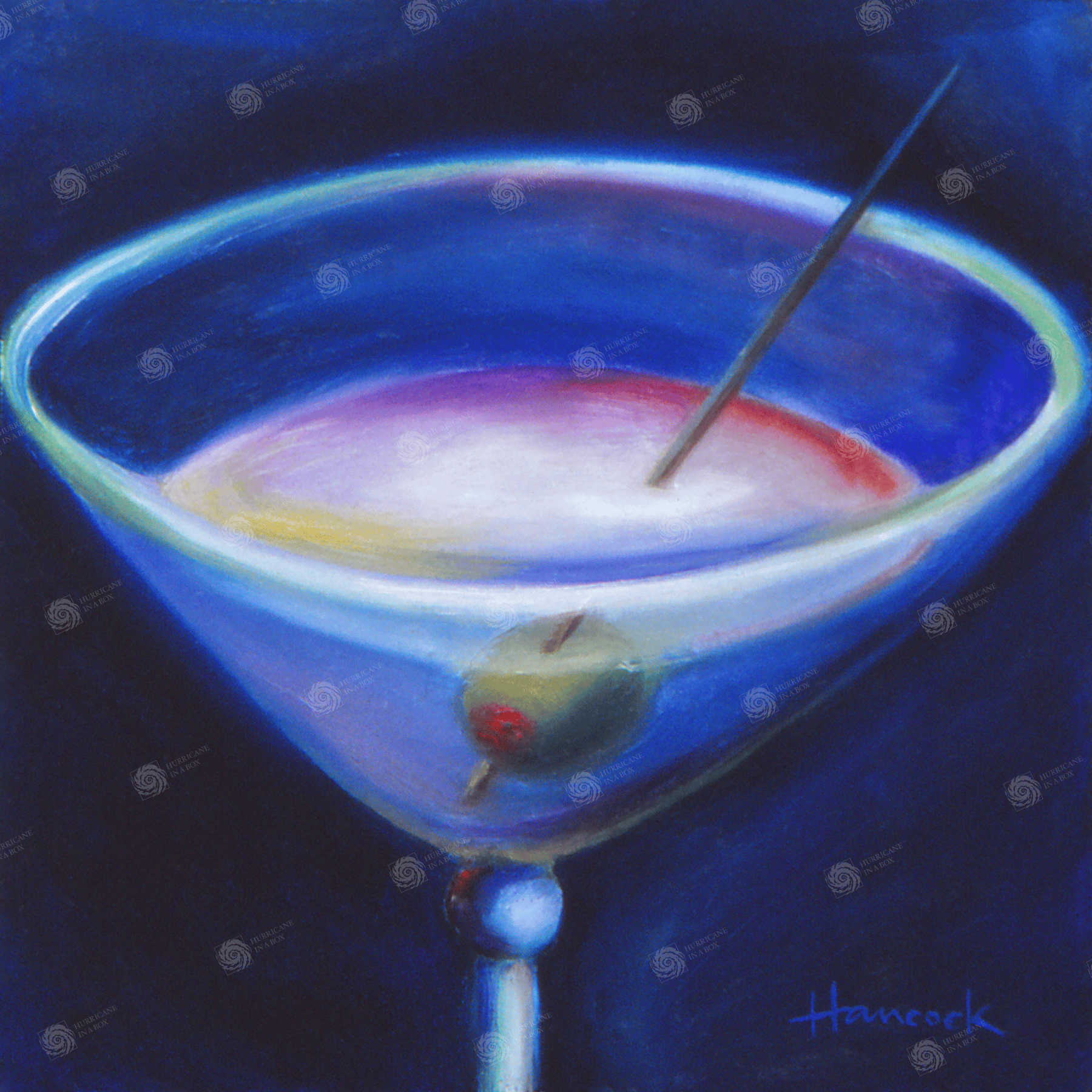 Artwork for sale of a blue, purple and red tinged martini and olive drink with deep indigo blue background.