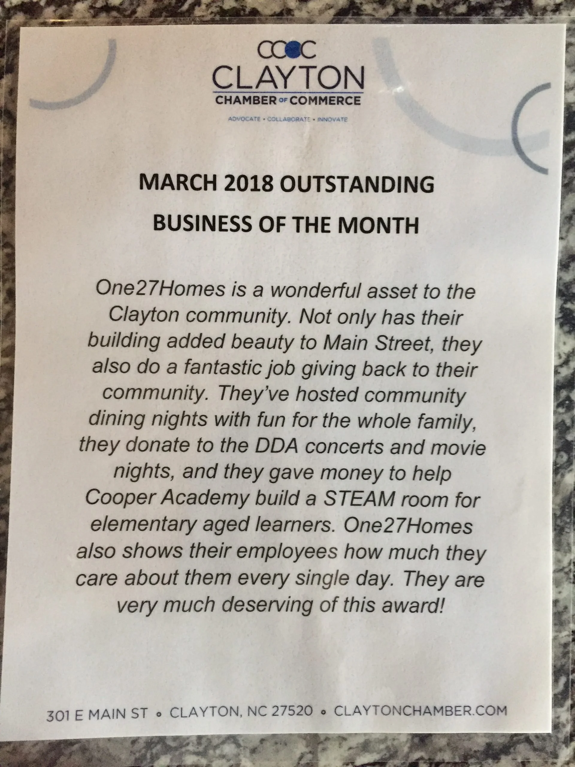 One27Homes named Outstanding Business of the Month