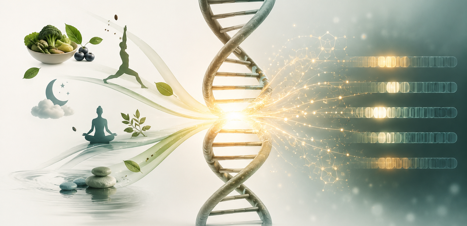 Diagram showing how lifestyle factors influence gene expression through epigenetic mechanisms without changing DNA sequence