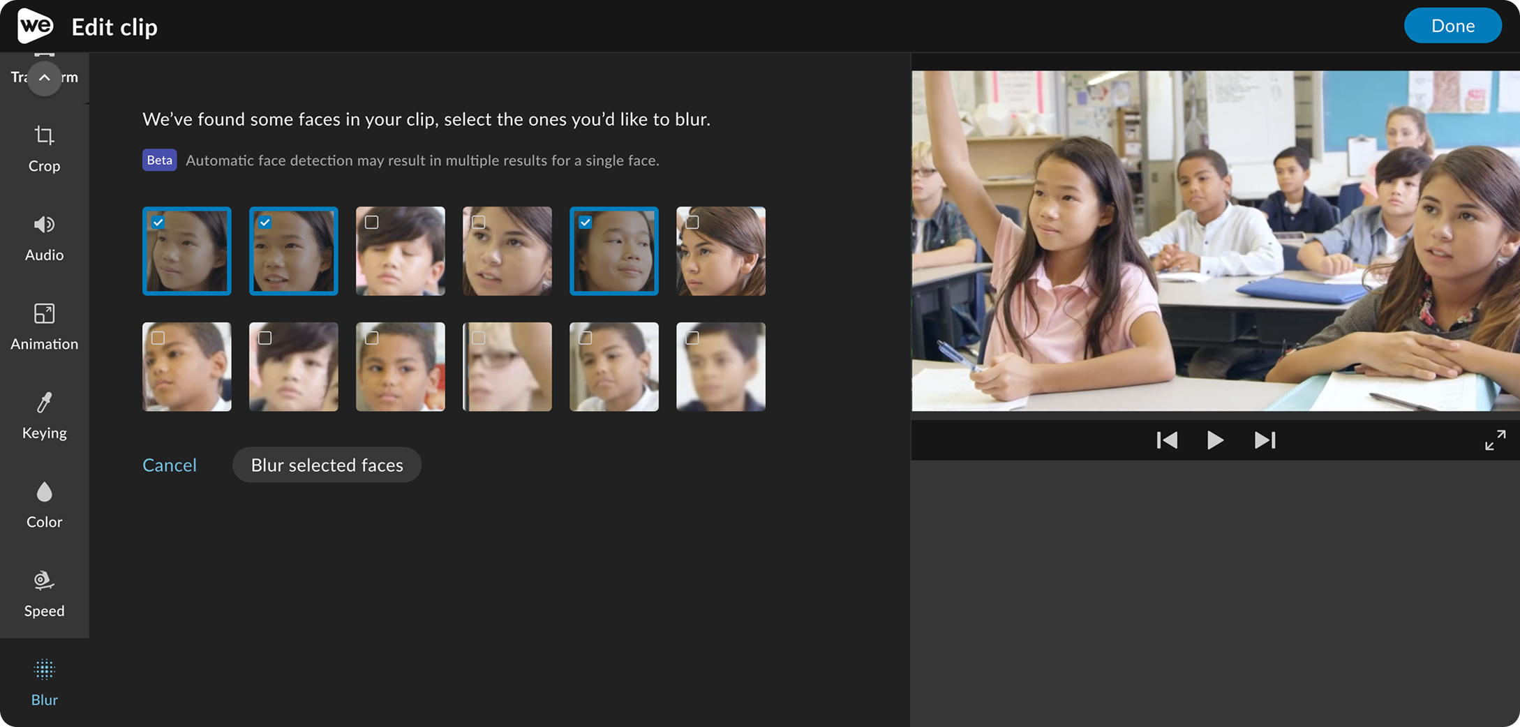 Image of an editing interface displaying a grid of faces some of which are selected.