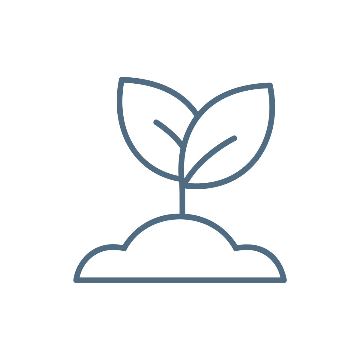 Line art icon of a small plant with two leaves growing from a mound of soil.