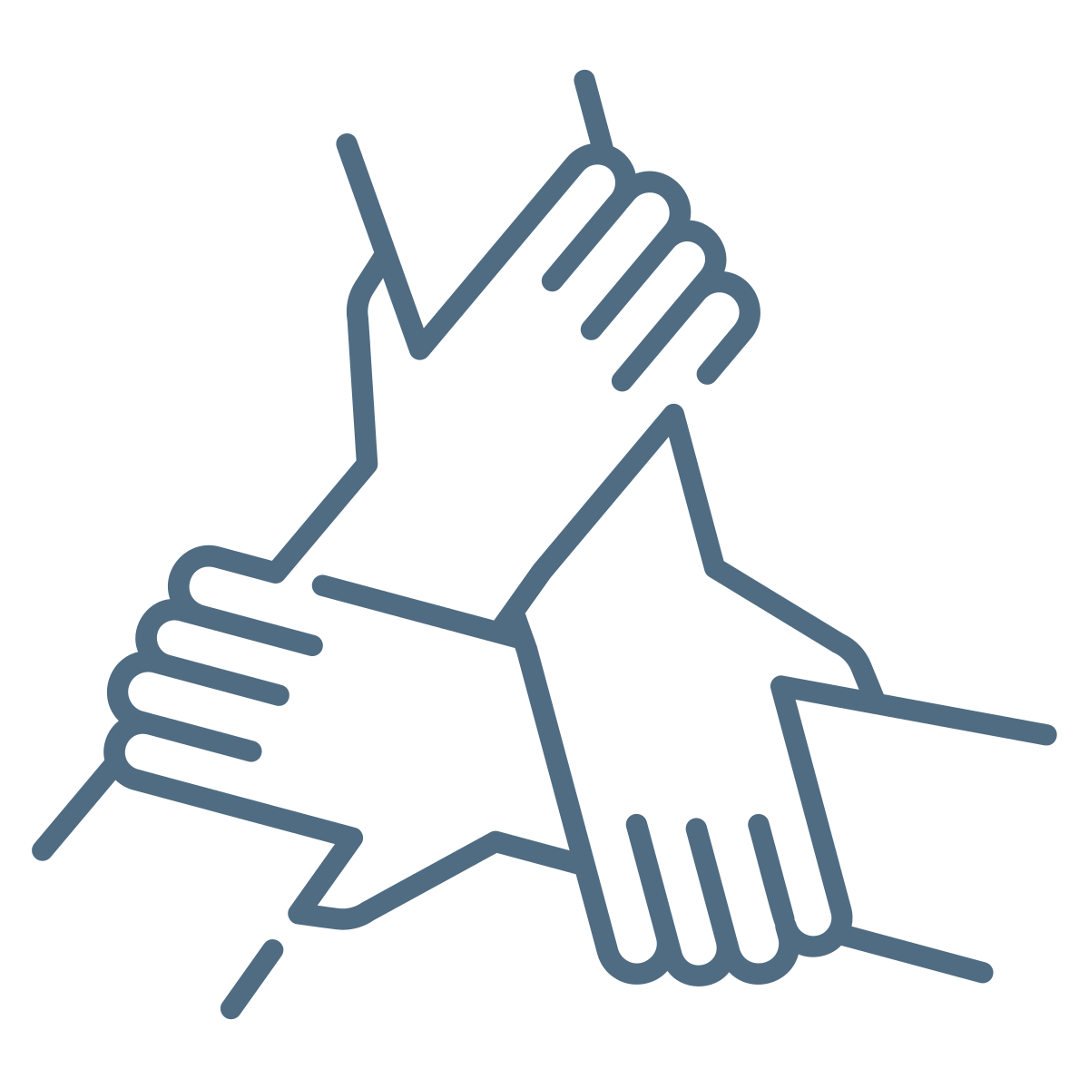 Three hands clasping each other in a triangular formation symbolizing teamwork and support.