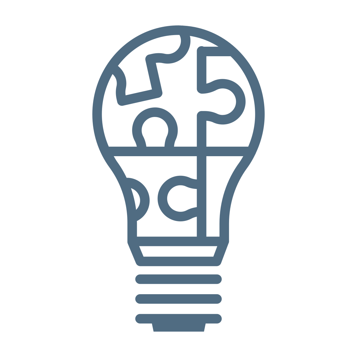 Lightbulb outline filled with puzzle piece shapes representing ideas and problem solving.