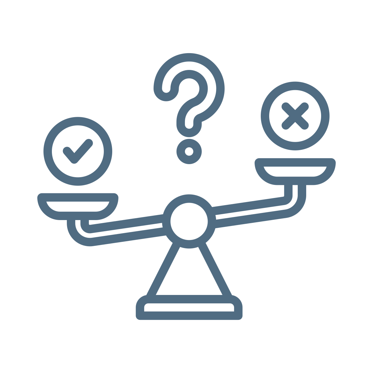 Line art scale with a checkmark on one side, an X on the other, and a question mark above representing decision making.