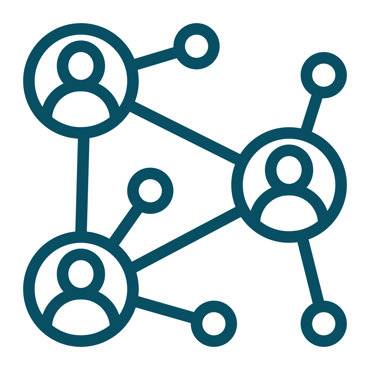 Illustration of three connected user icons showing a network of professionals collaborating and sharing insights.