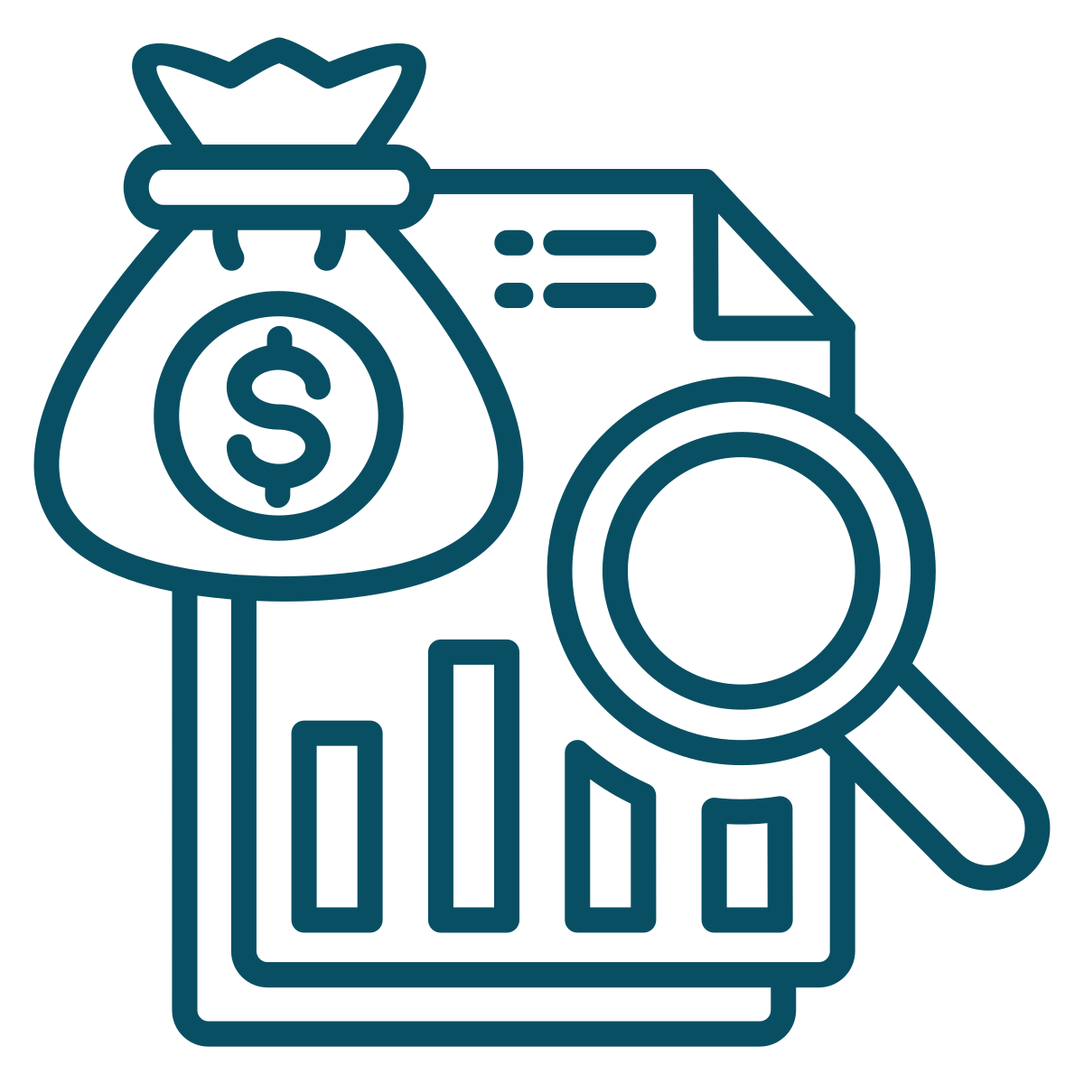 Illustration of a money bag, financial documents, and a magnifying glass representing financial analysis and audit risk review.