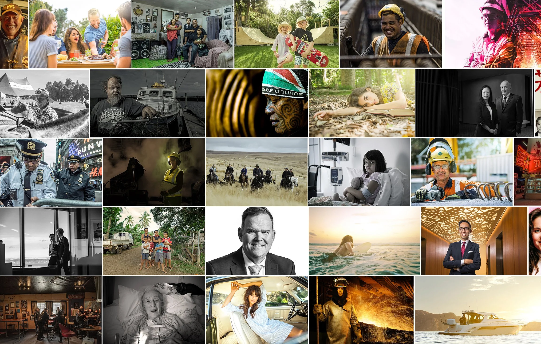 A collage of various people and activities, including social gatherings, outdoor adventures, work environments, family moments, and artistic scenes.
