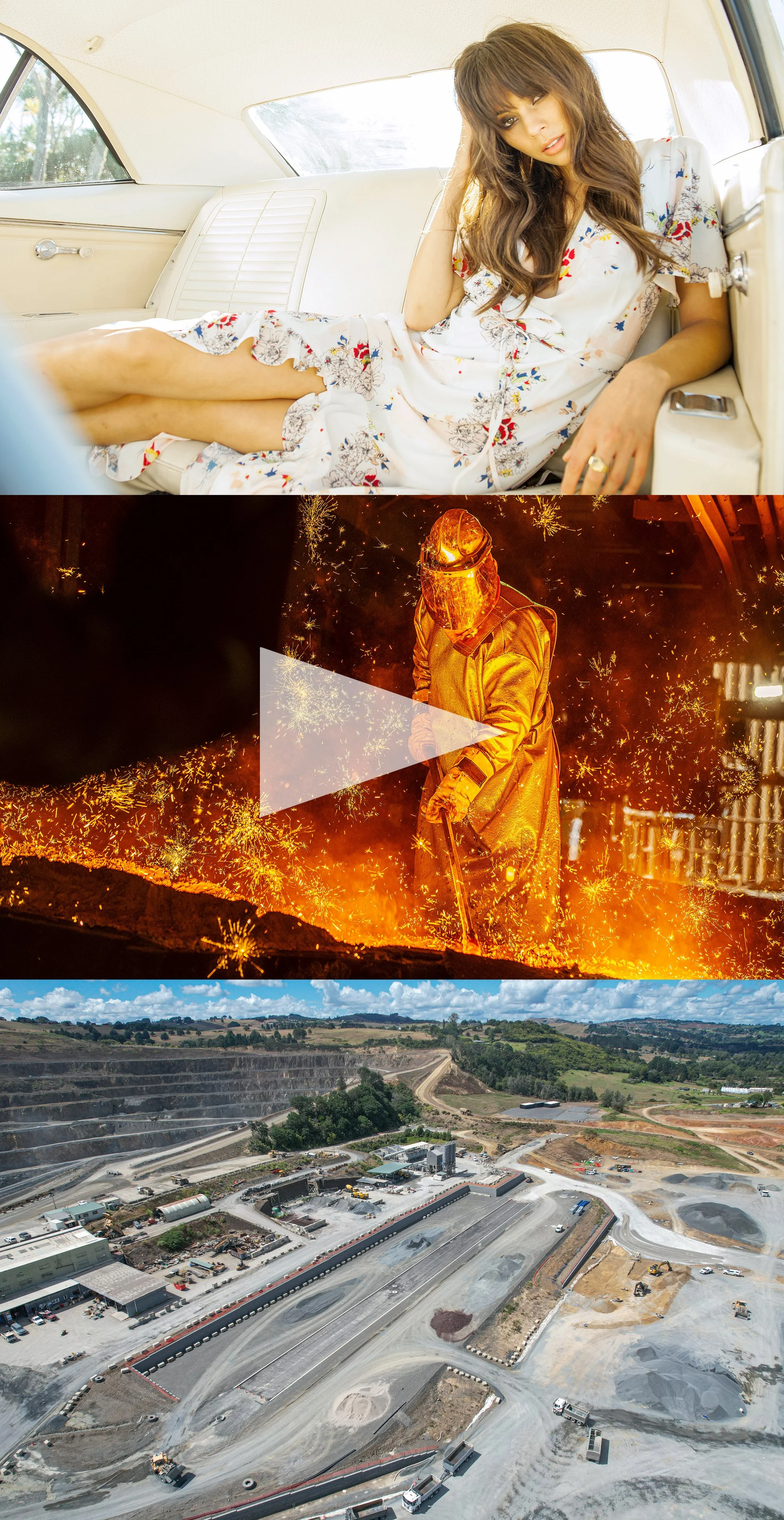 A woman dressed in a floral satin dress lying in the backseat of a vintage car, a worker in protective gear operating a furnace with sparks flying, and an aerial view of a large construction or mining site with roads, equipment, and piles of materials.