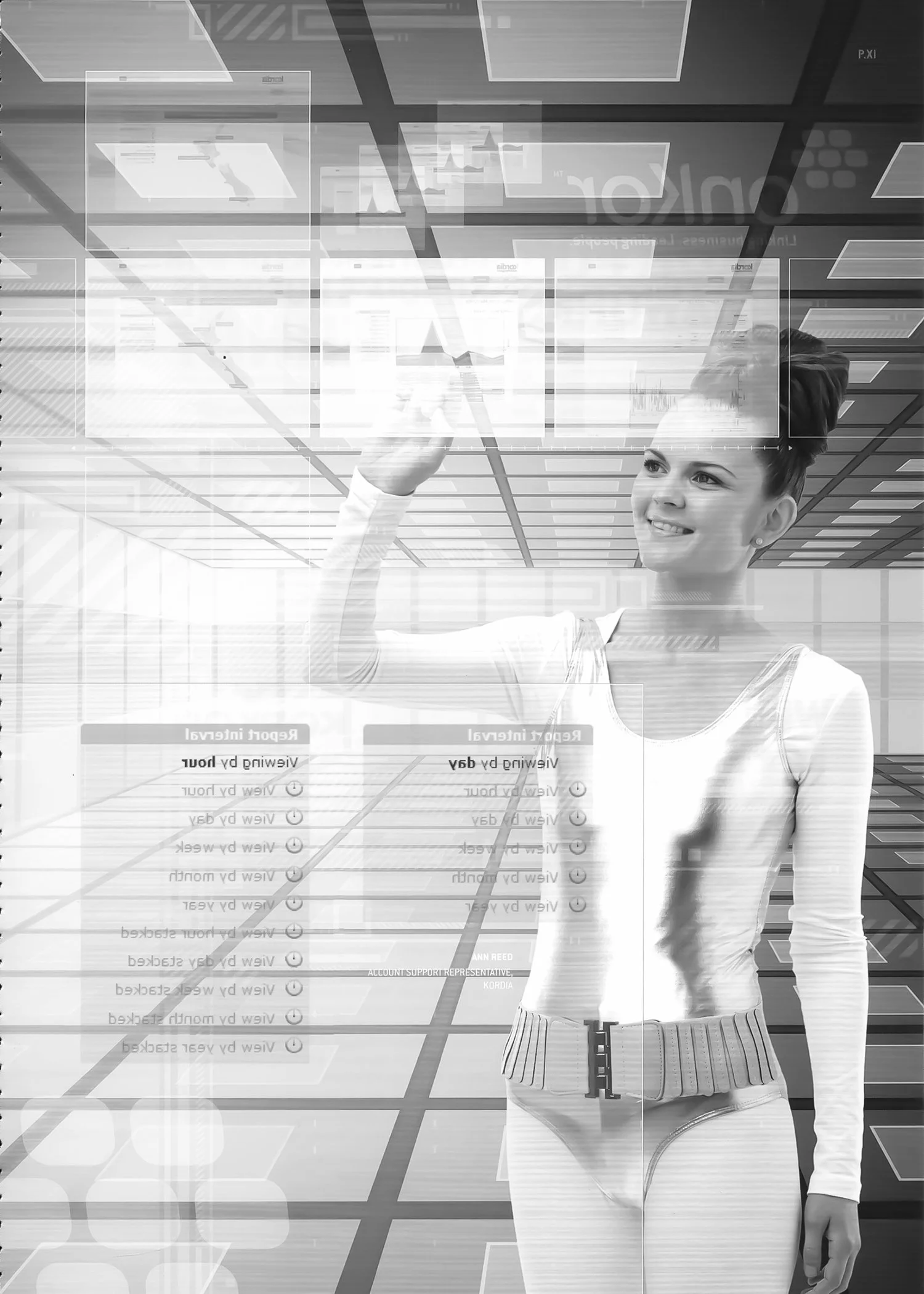 Andrew Coffey Photographer contact.
A woman in a futuristic digital environment interacts with transparent digital screens, smiling and pointing at the interface.