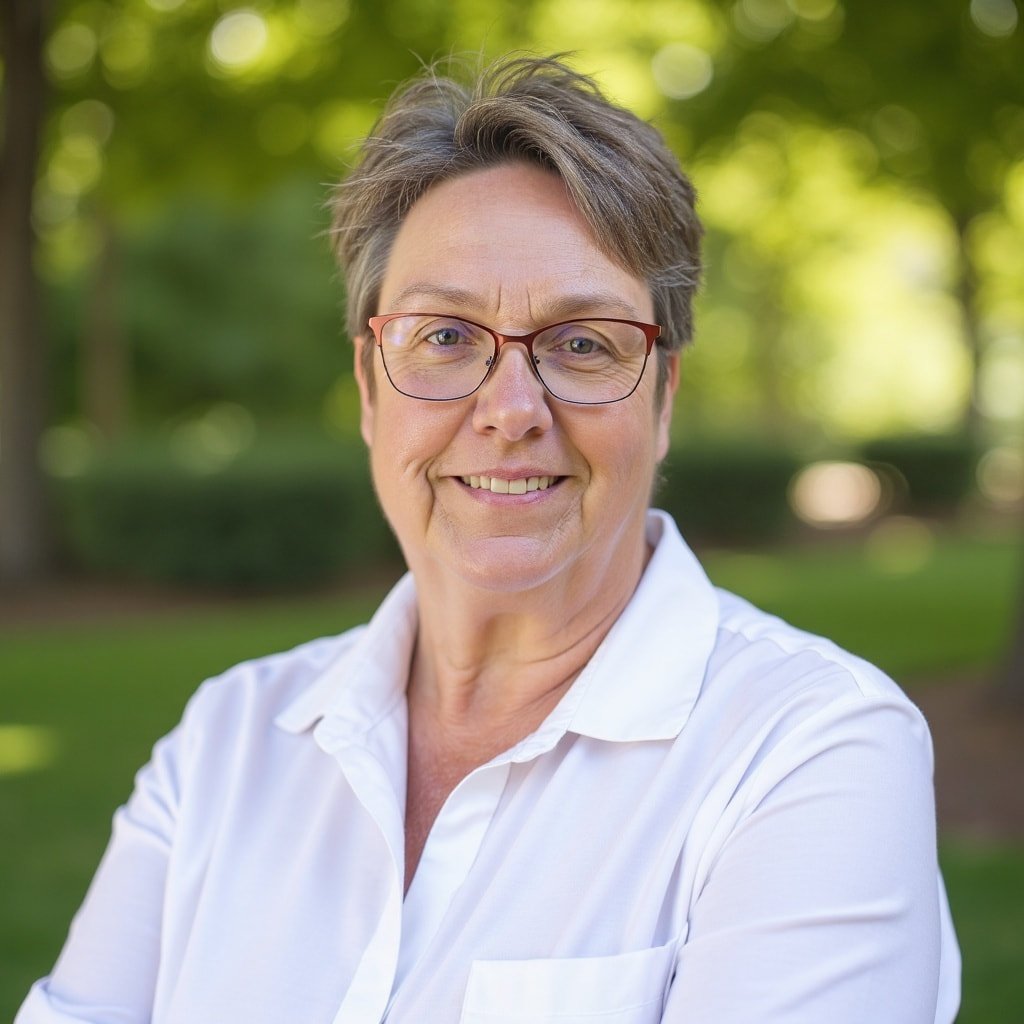 Kristi Weber, APRN. A woman with short-cropped hair and glasses with a white collared shirt. The background behind her is mostly green.