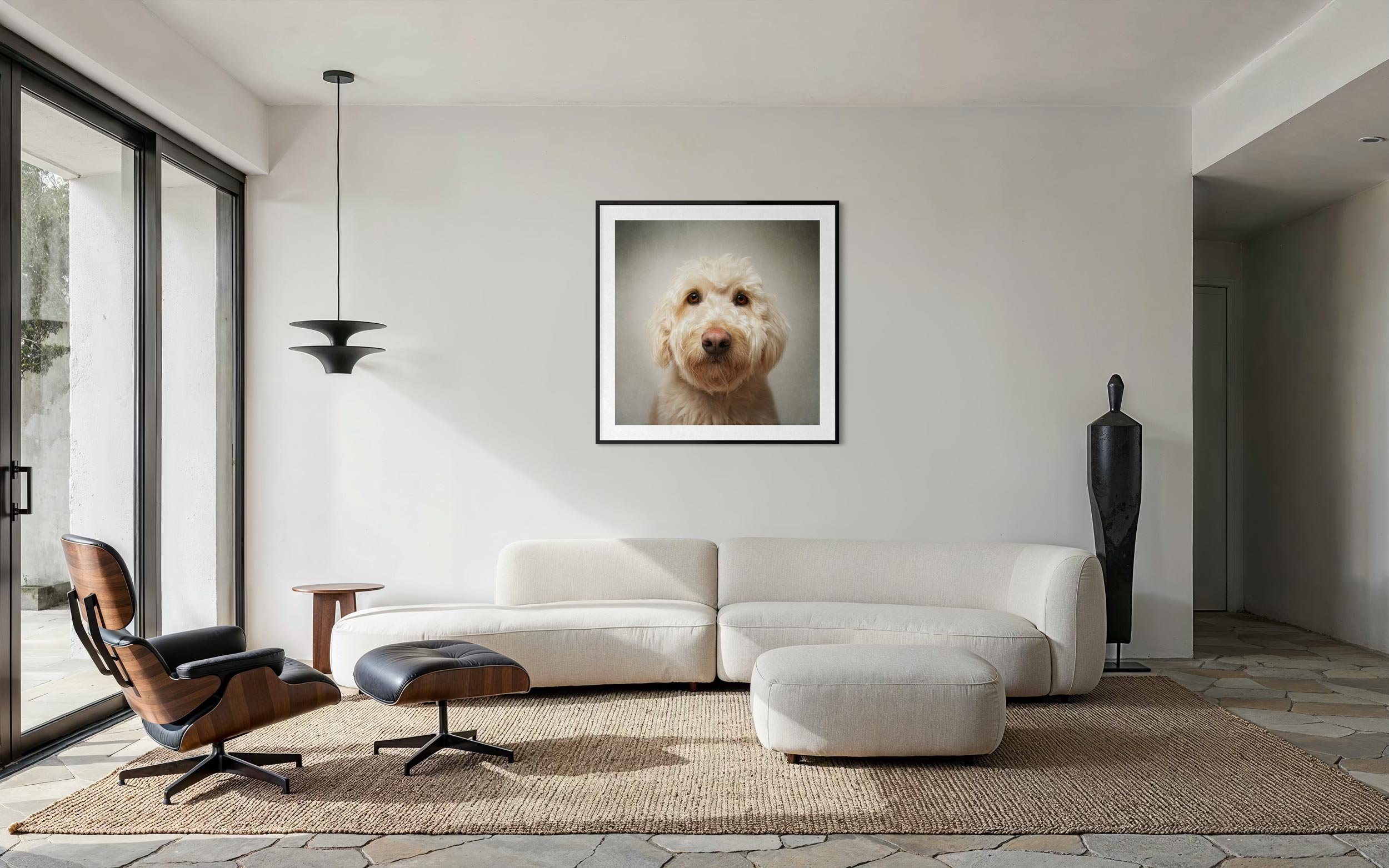 Dog portrait on living room wall.