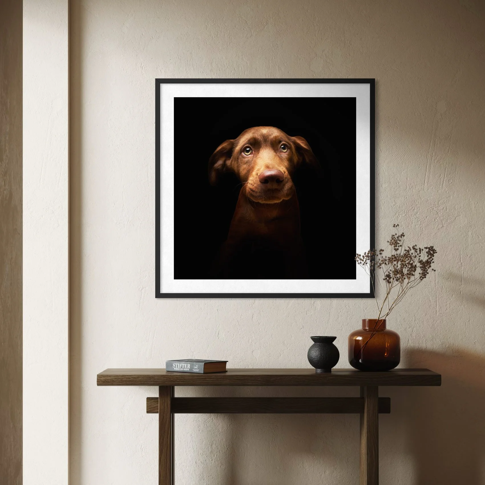 Framed photograph of a dog.