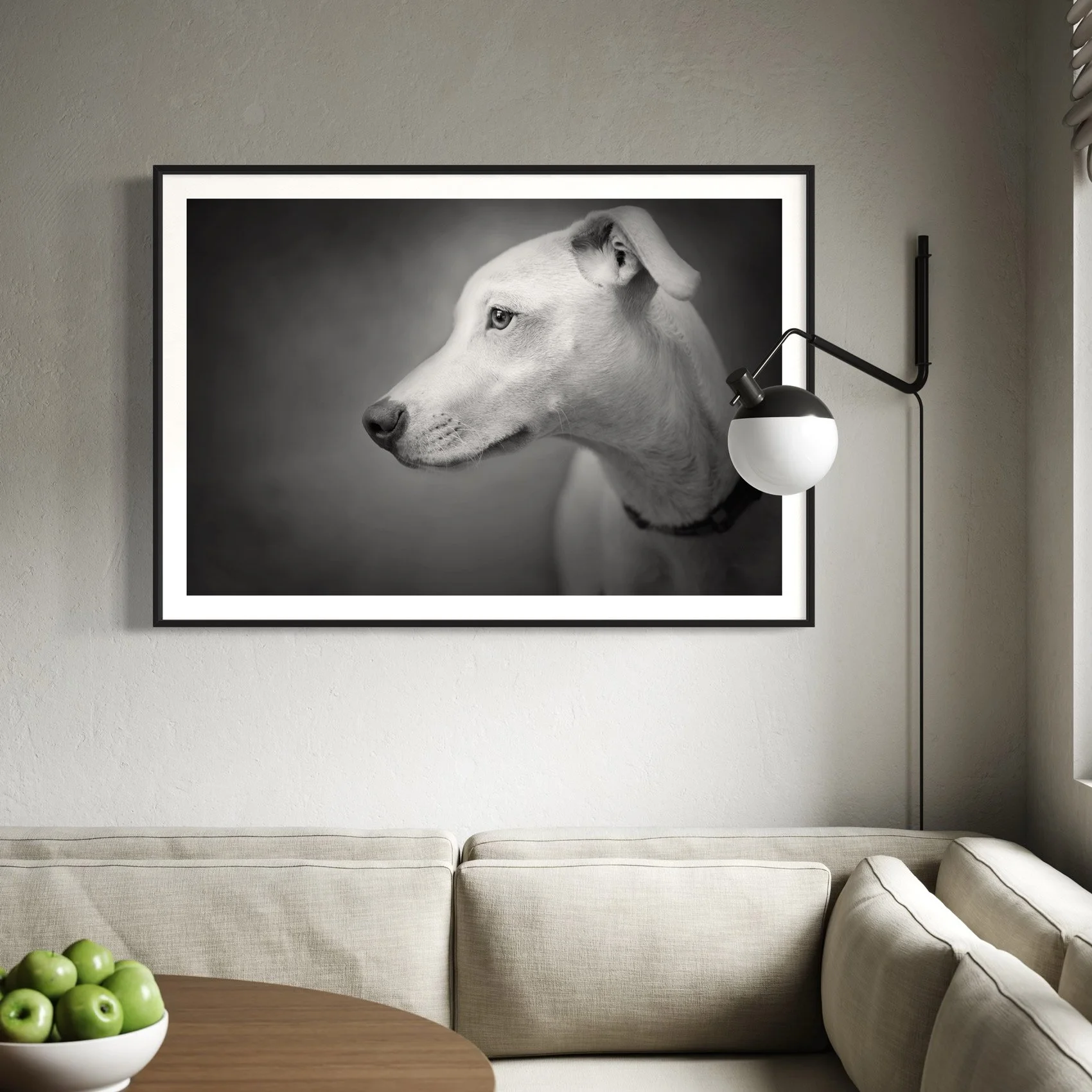 Black and white portrait of a dog on a wall in a living room.