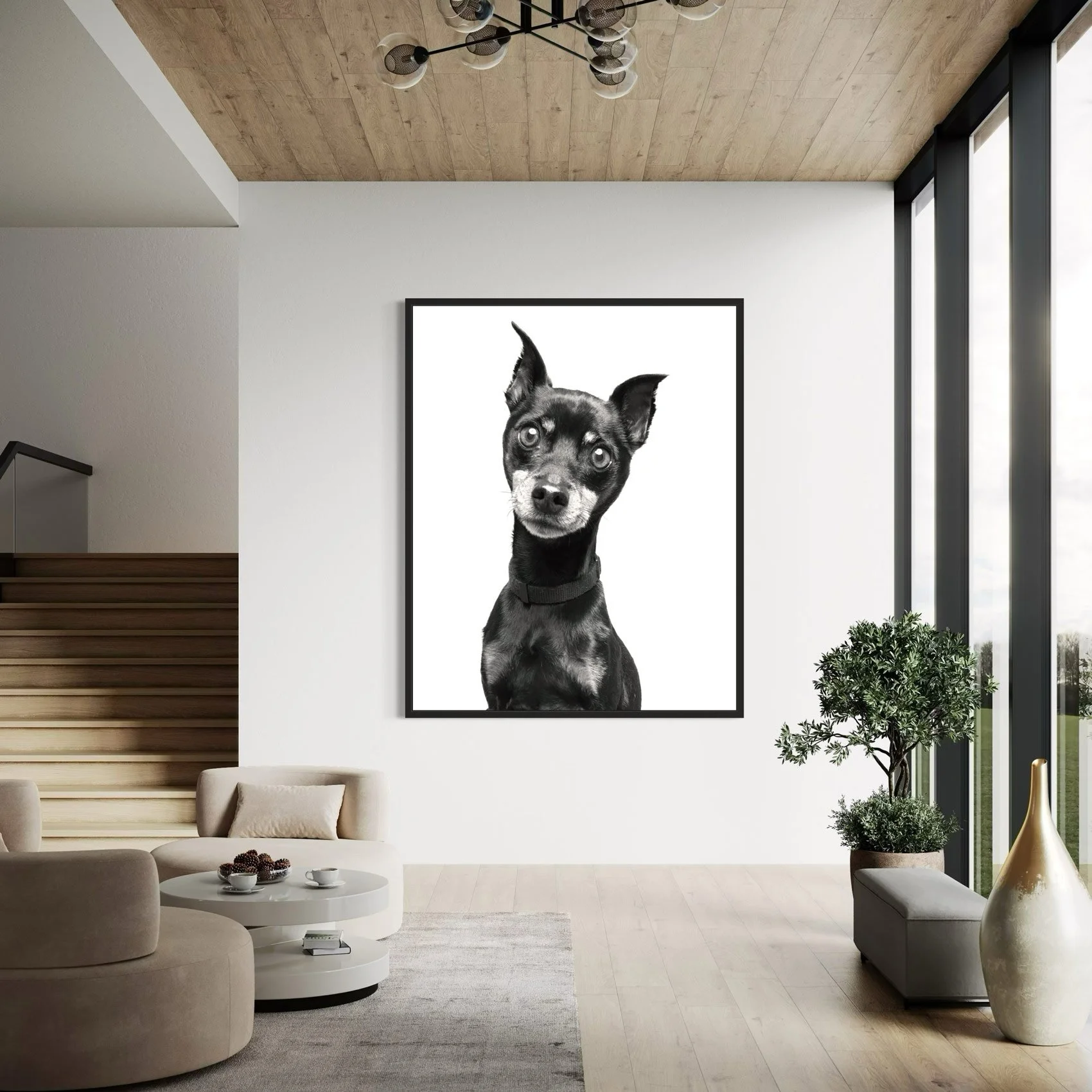Modern living room with large black and white dog portrait on white wall, beige sofa, coffee table with snacks, and greenery near floor-to-ceiling windows.
