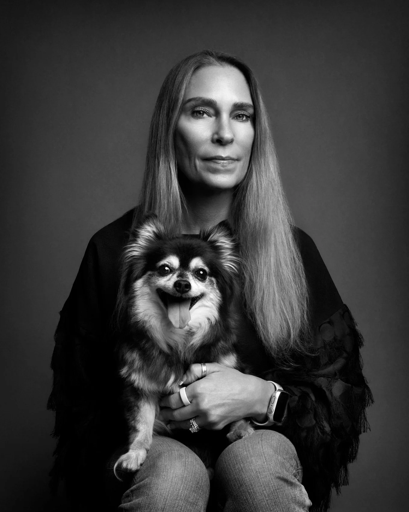 BW portrait of a woman with her dog.