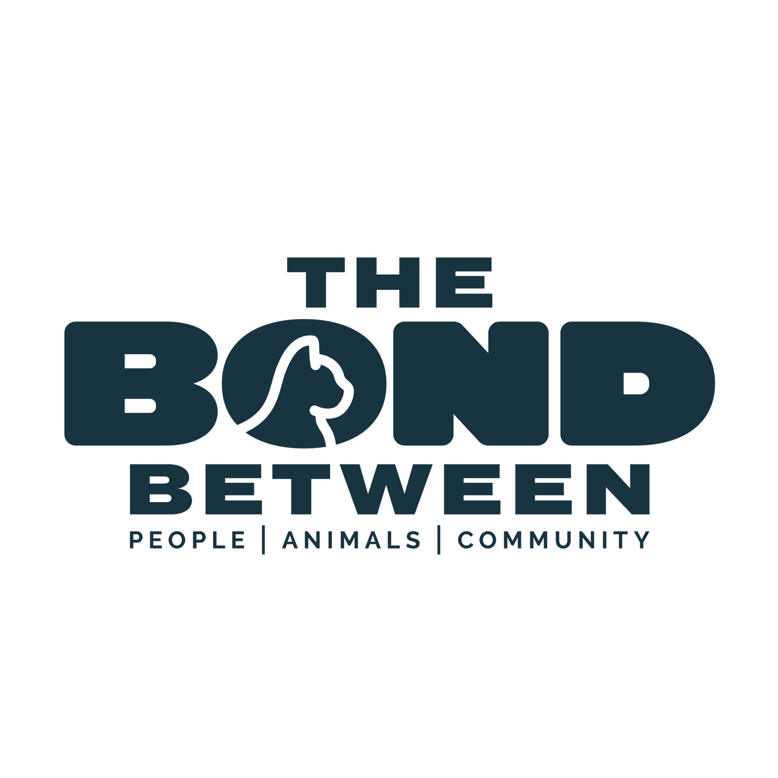 Logo for The Bond Between, featuring a horse's head outline within the letter 'O', and the words 'People', 'Animals', and 'Community' separated by vertical lines.