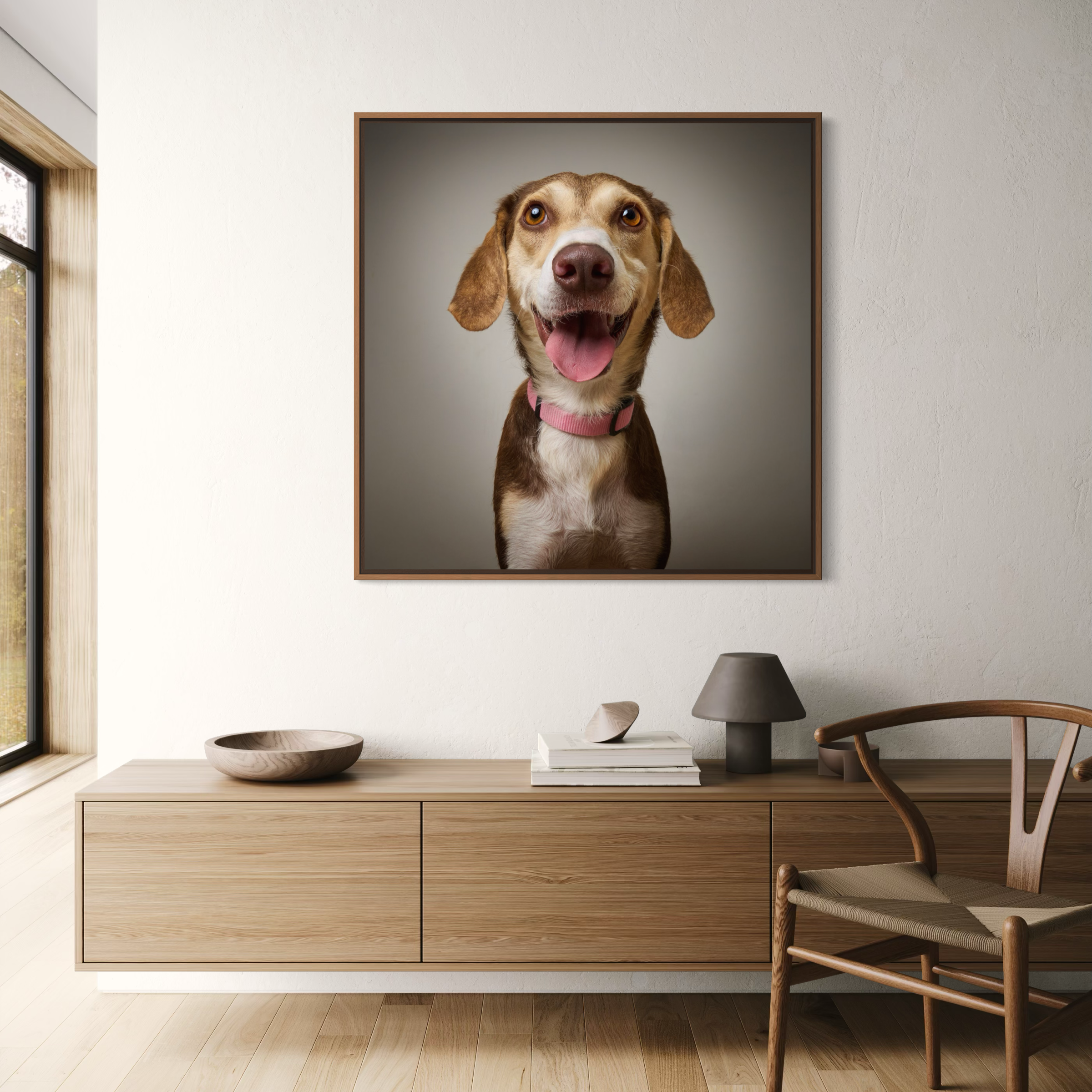 Framed photograph of a dog in a living room.