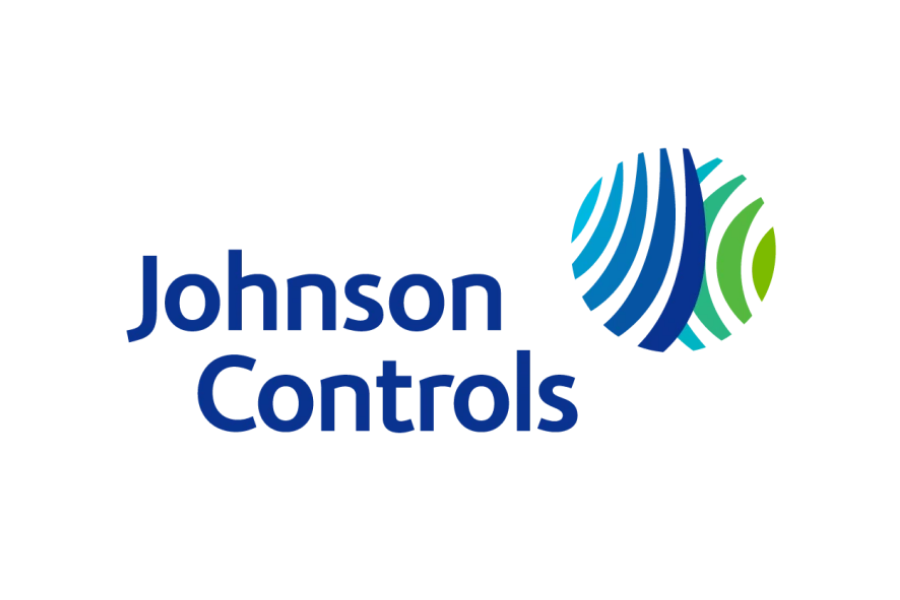 Johnson Controls logo with blue and green circular graphic and company name in blue text.