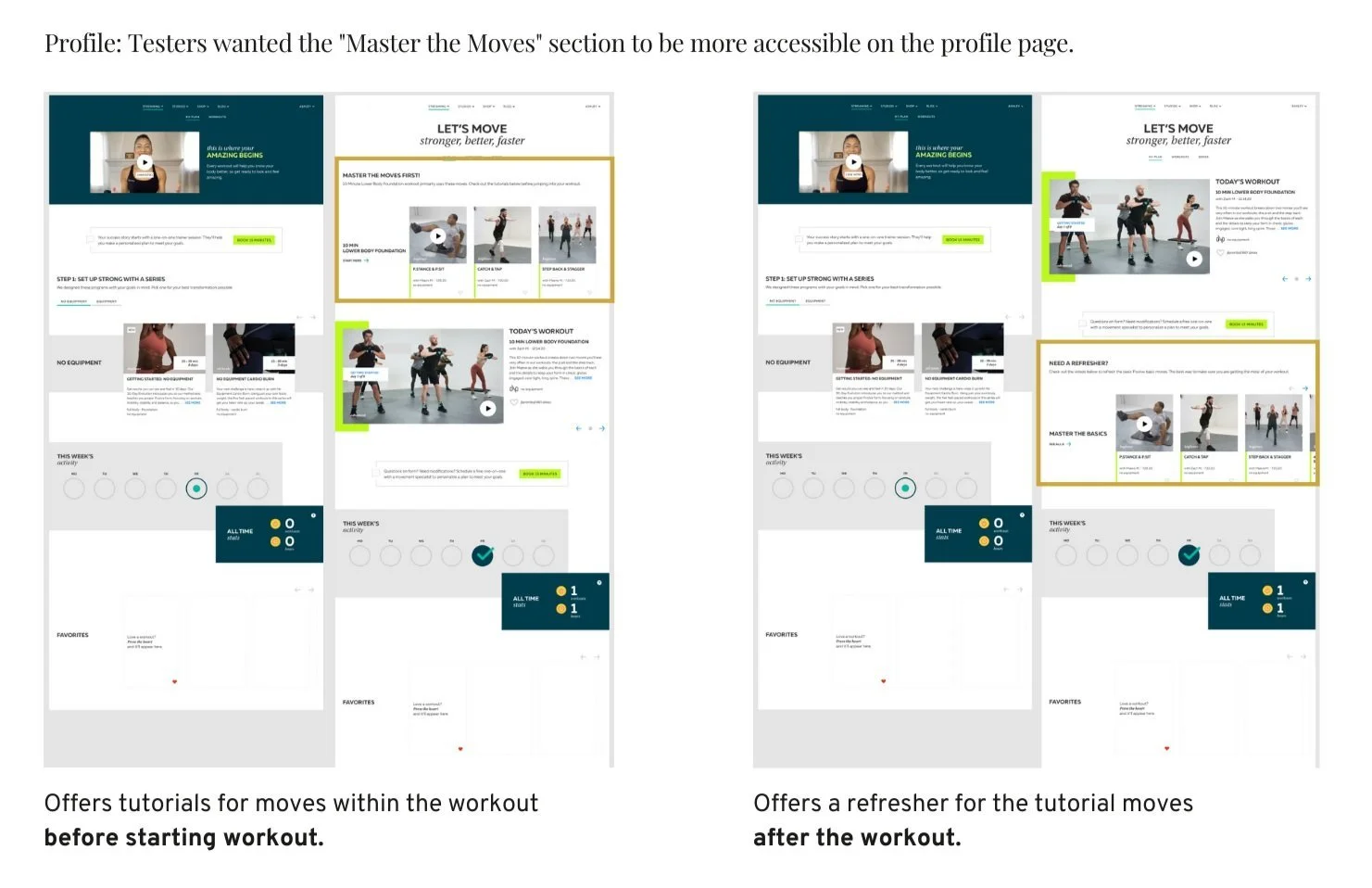 Comparison of two web page designs for fitness tutorials. The left design offers 'Master the Moves' section before the workout, while the right design provides it as a refresher after the workout. Both designs feature workout tutorials, progress tracking, and a video player interface.
