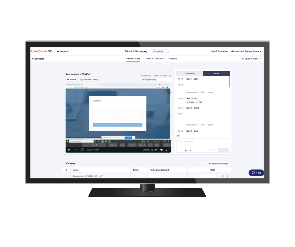 UserZoom GO interface displaying a video and transcript. The screen shows a testing session video with controls for playback and notes. There are navigation options for 'Videos & Clips', 'Tasks & Questions', and 'Insights', along with study actions and help sections.