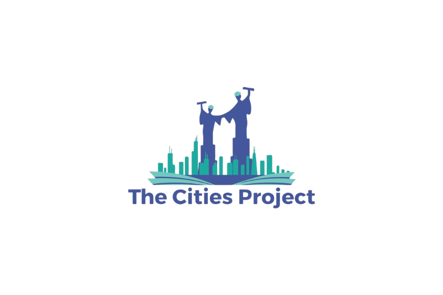 Logo for The Cities Project featuring stylized city skyline and two hands holding city drawings.