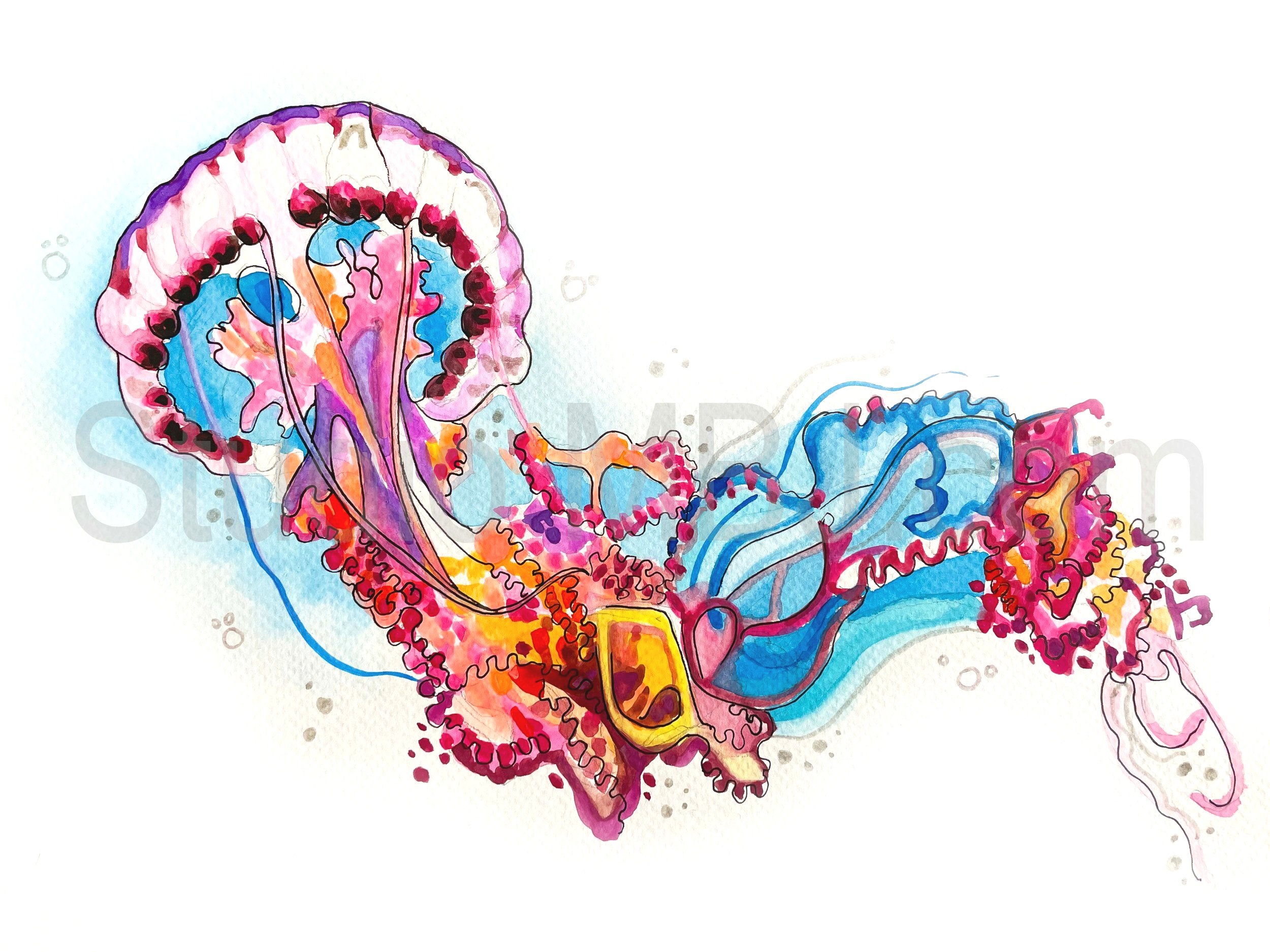 Orange and Pink Jellyfish, 9x12" watercolor