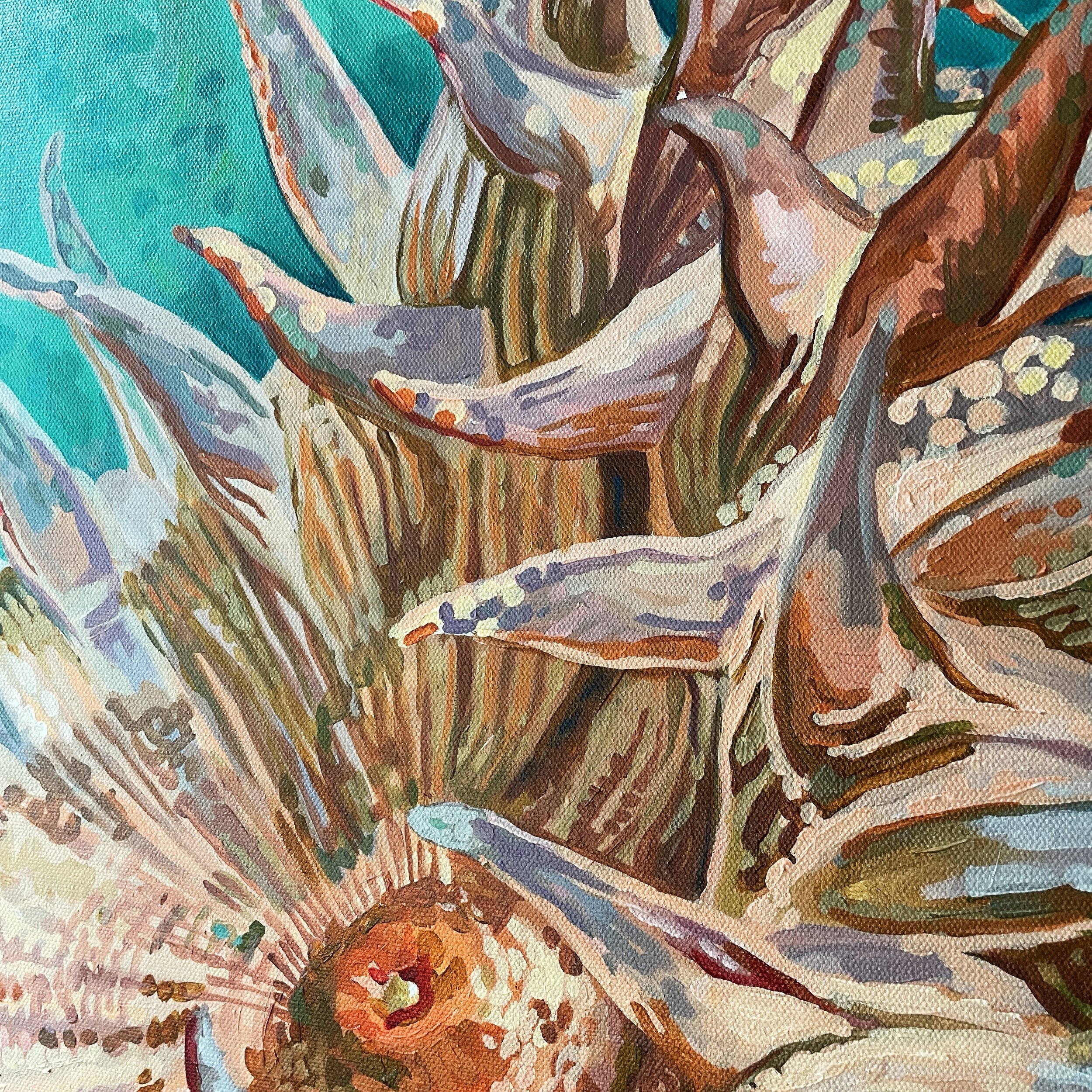Friends- meet beautiful anemone-she is just over halfway finished and has been such a lovely paint so far! This color palette is also really working for me right now- kinda has an 80&rsquo;s peach and teal vibe going on and I love it! 

This painting