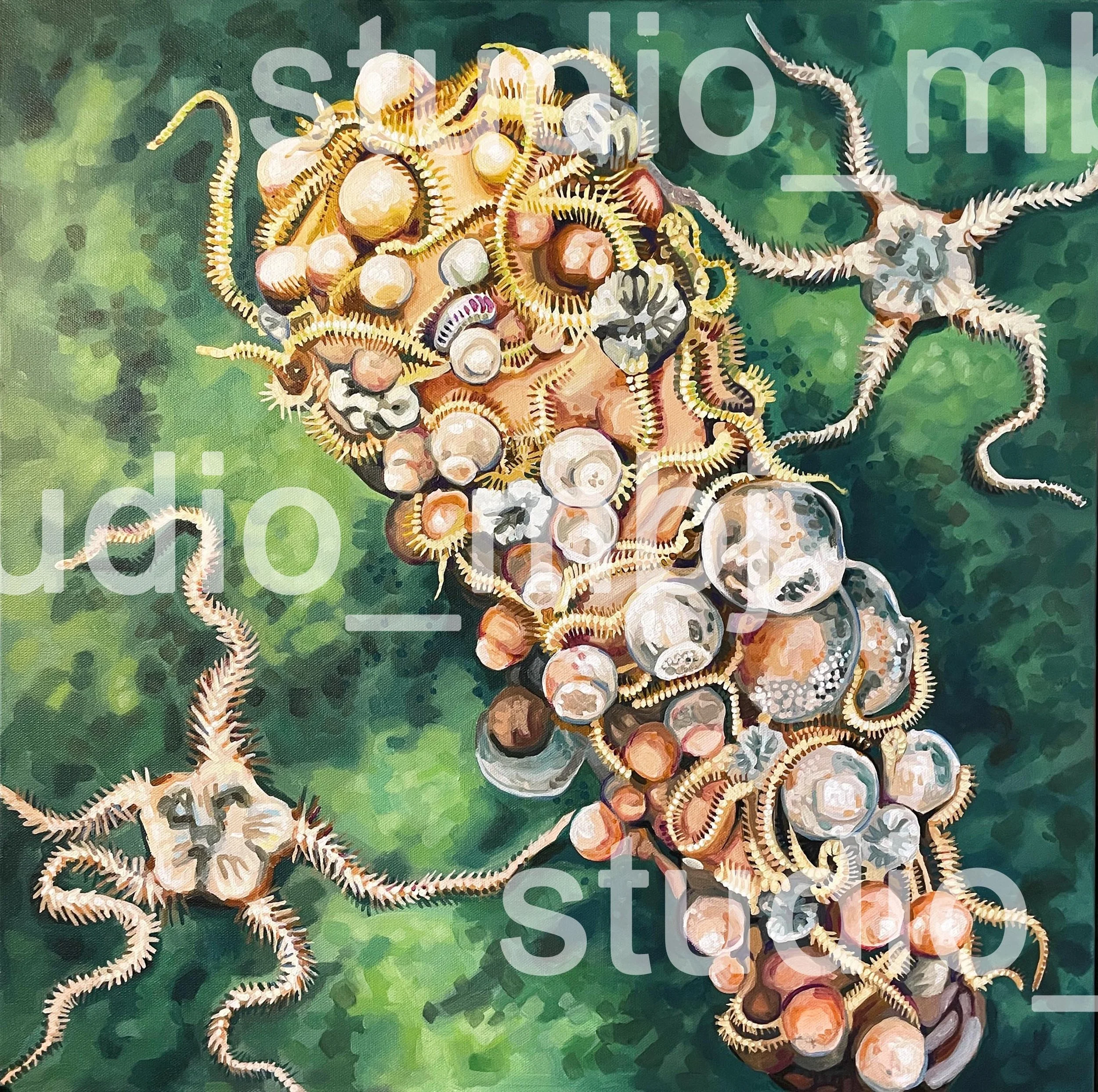 Nibbles and Cuddles, 24x24' acrylic on canvas, 2025