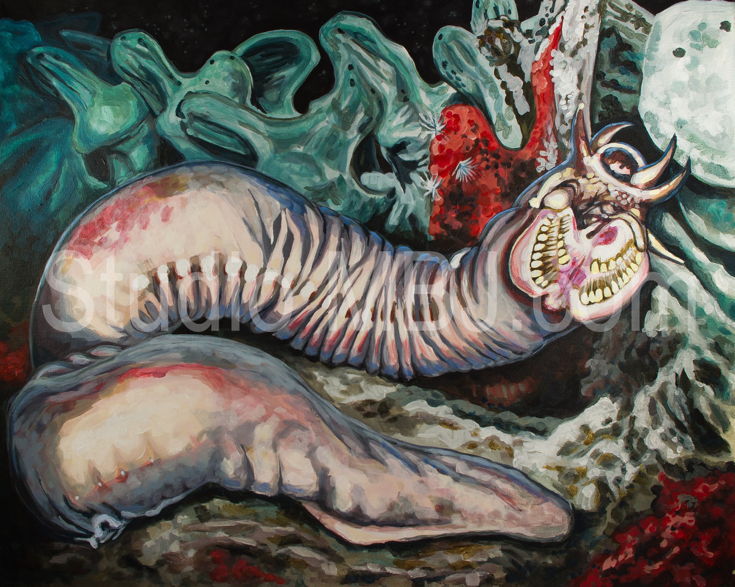 Hagfish on Whale-fall, 16x20" acrylic on canvas