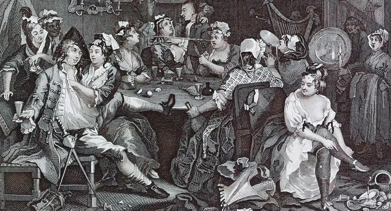 Image from https://commons.wikimedia.org/wiki/File:William_Hogarth_-_A_Rake%27s_Progress_-_Plate_3_-_The_Tavern_Scene.jpg