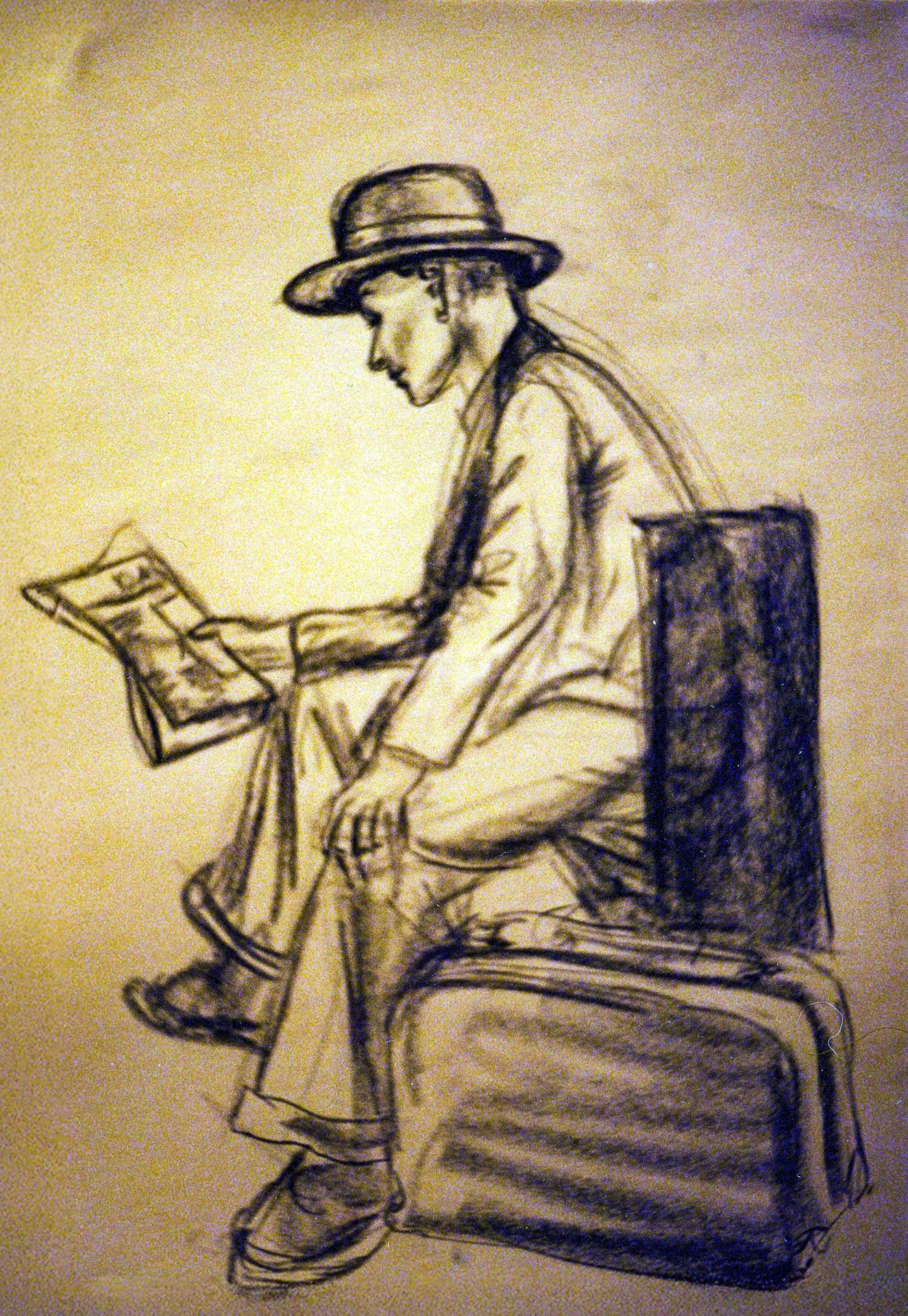 Charcoal drawing of a live female model in a baggy men's suit by Rob Covington