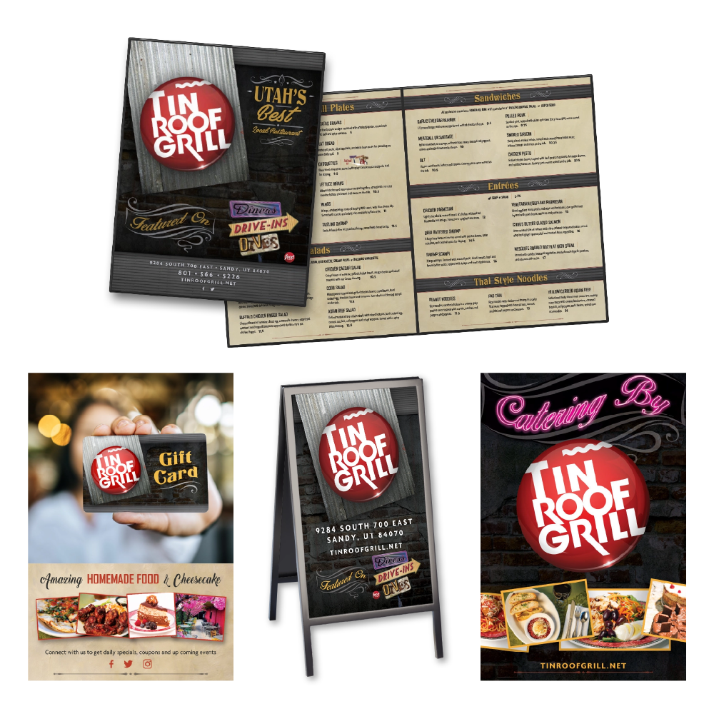 Collage of print design for Tin Roof Grill created by Rob Covington