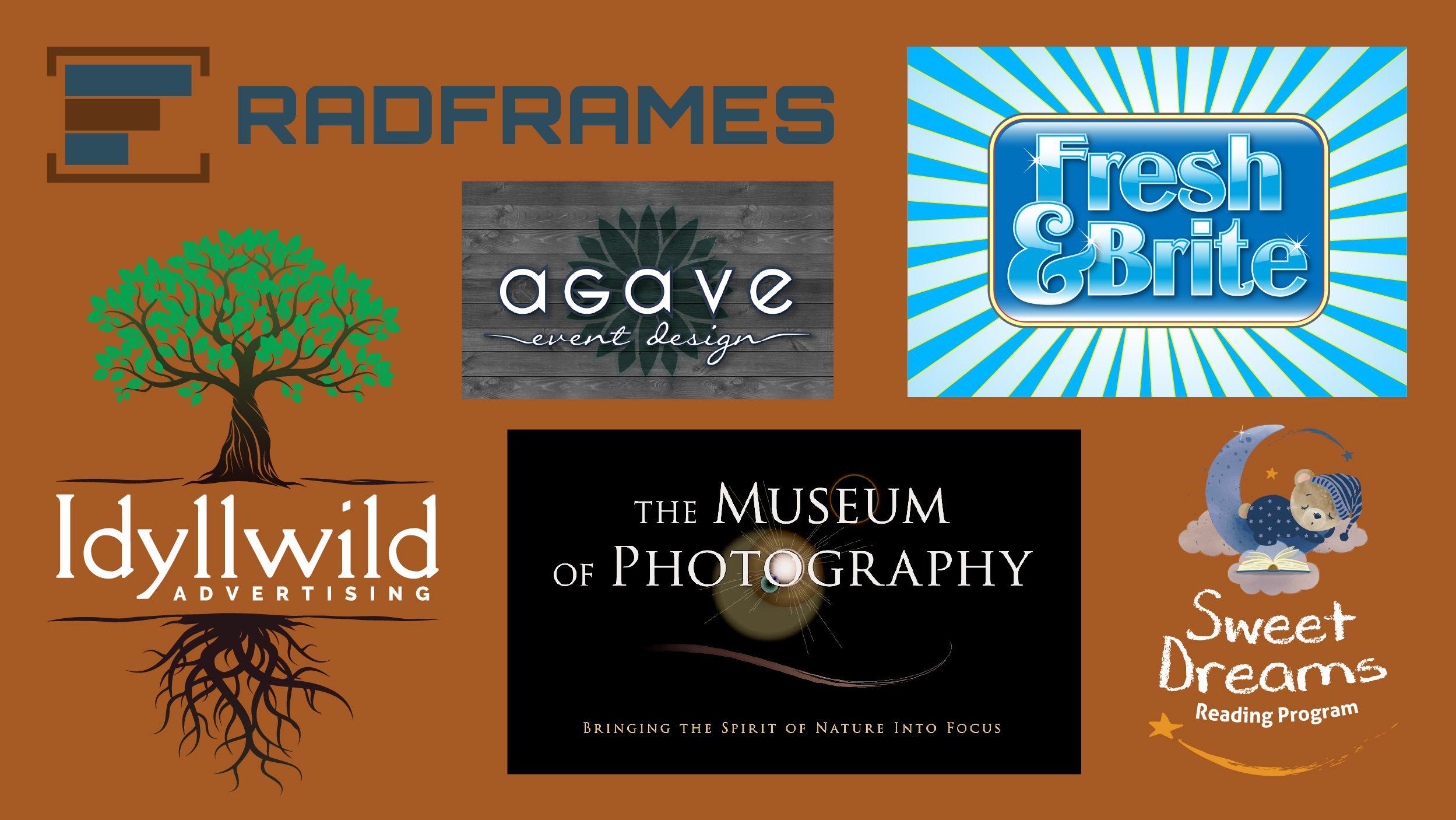 A collage of logos and identity designs including business cards all created by Rob Covington.